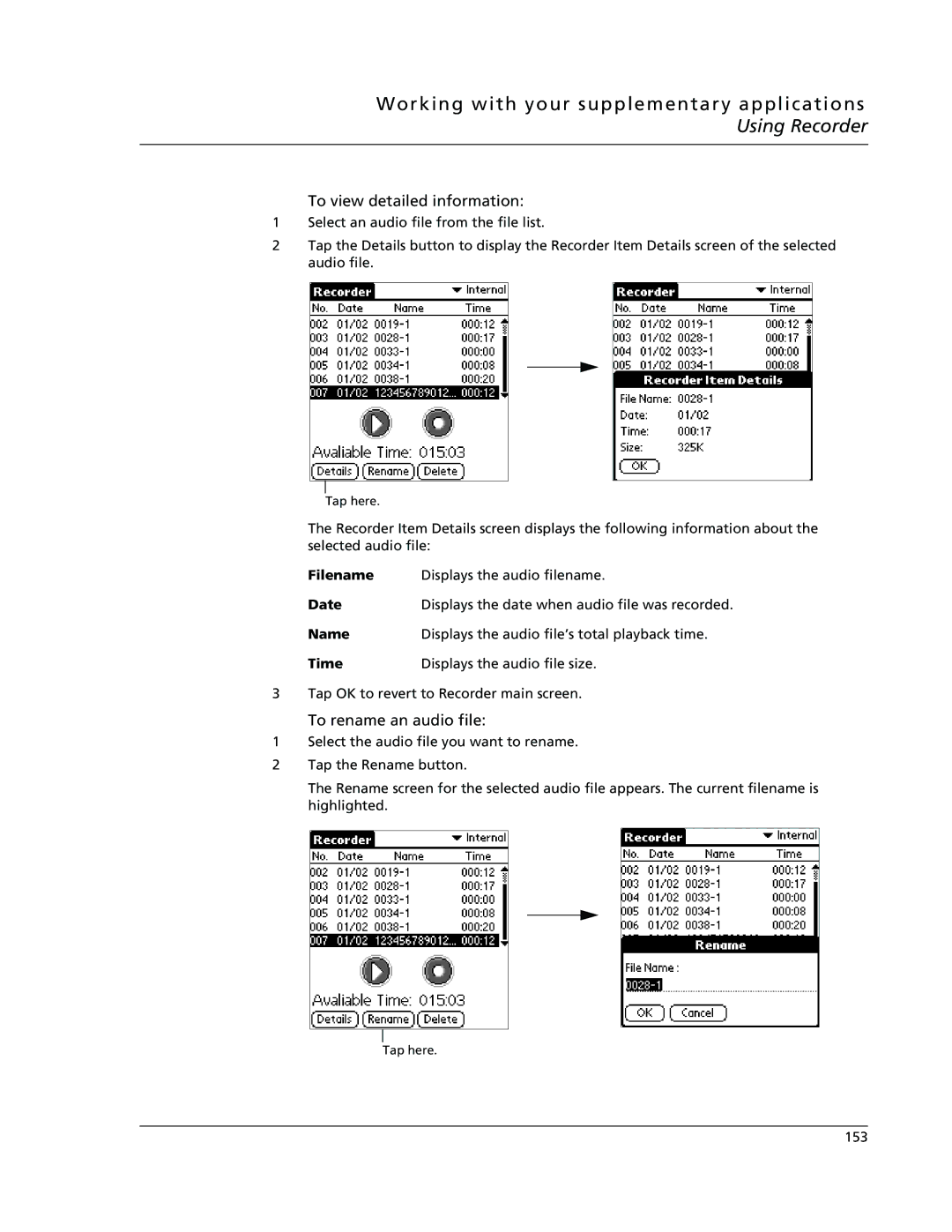 Acer s10 manual To view detailed information, To rename an audio file 