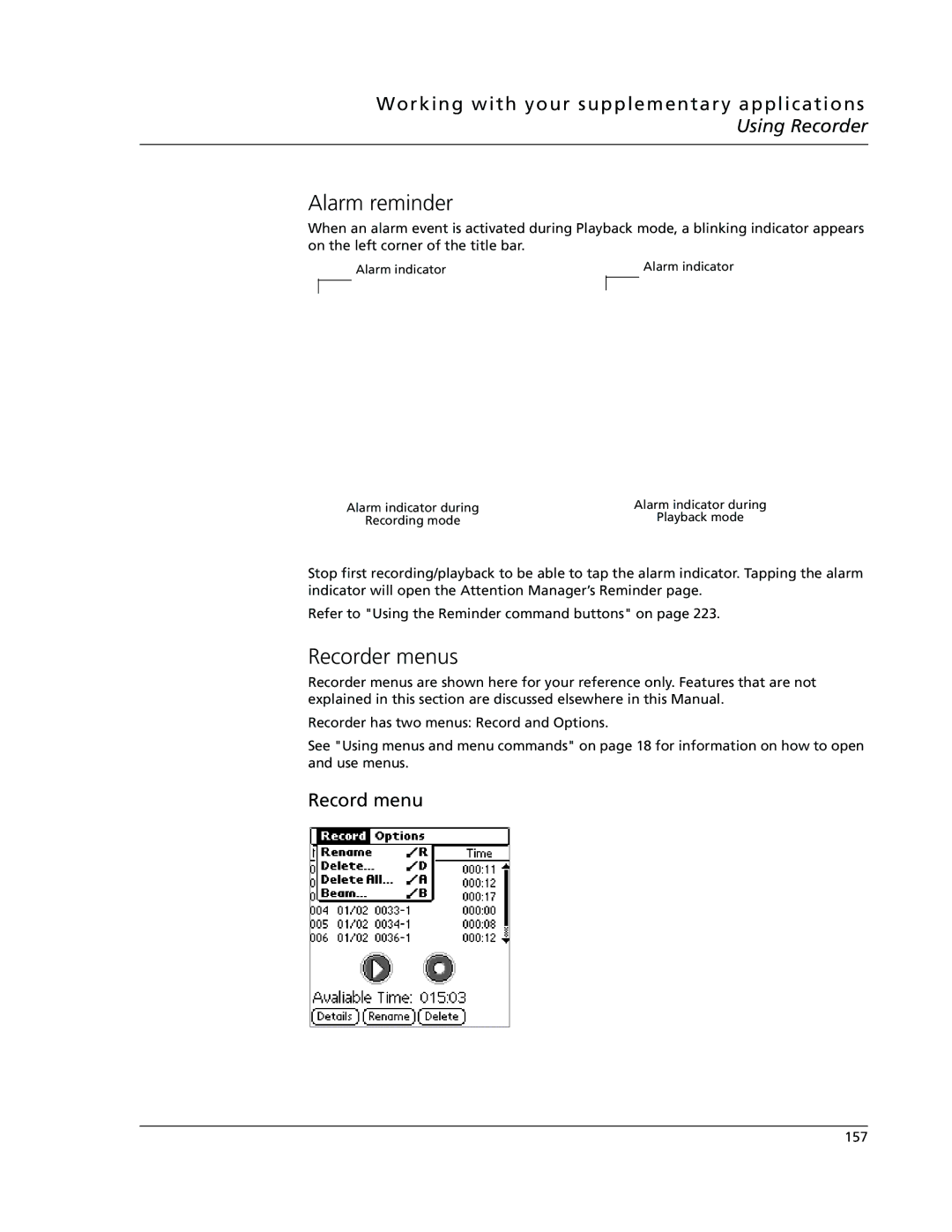 Acer s10 manual Alarm reminder, Recorder menus 