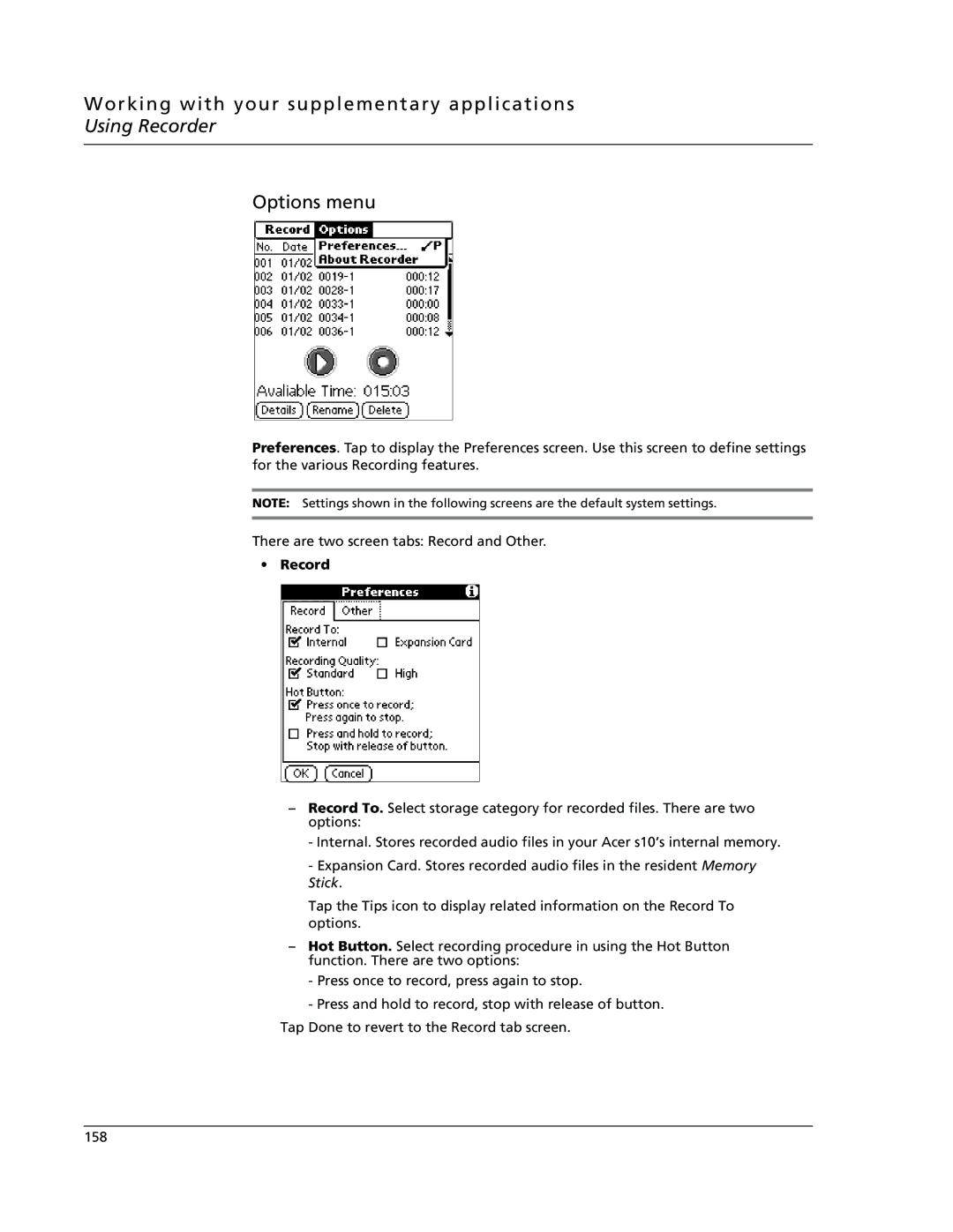 Acer s10 manual Options menu, Record 