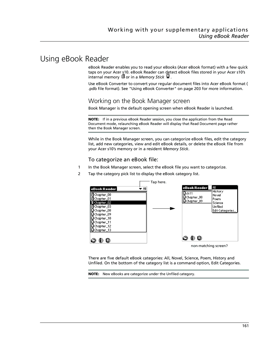 Acer s10 manual Using eBook Reader, Working on the Book Manager screen, To categorize an eBook file 