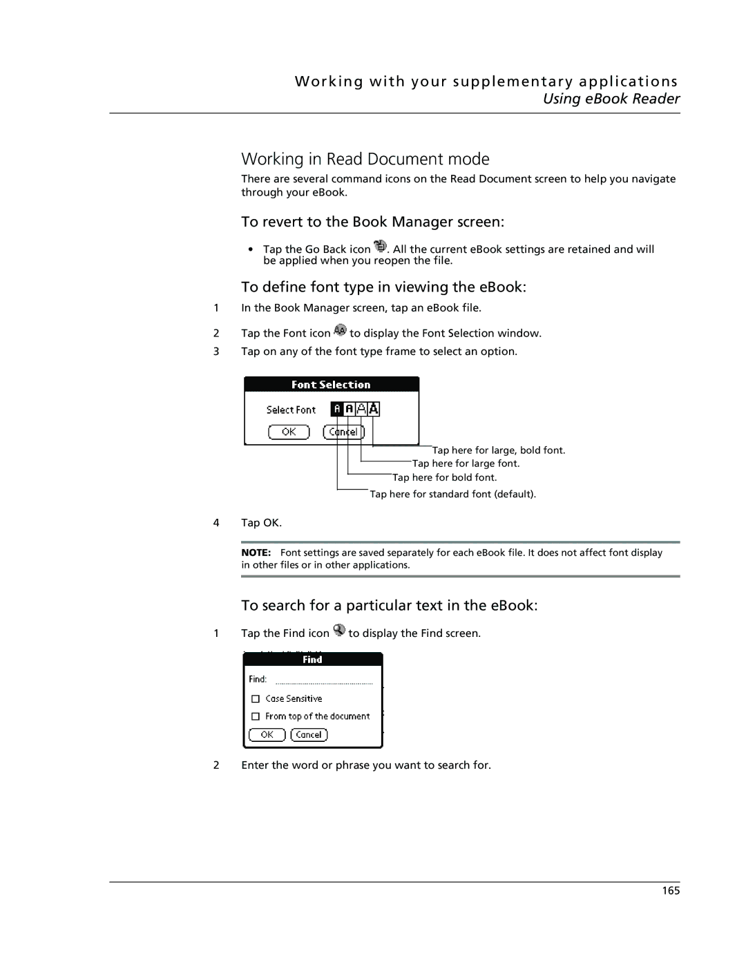 Acer s10 Working in Read Document mode, To revert to the Book Manager screen, To define font type in viewing the eBook 