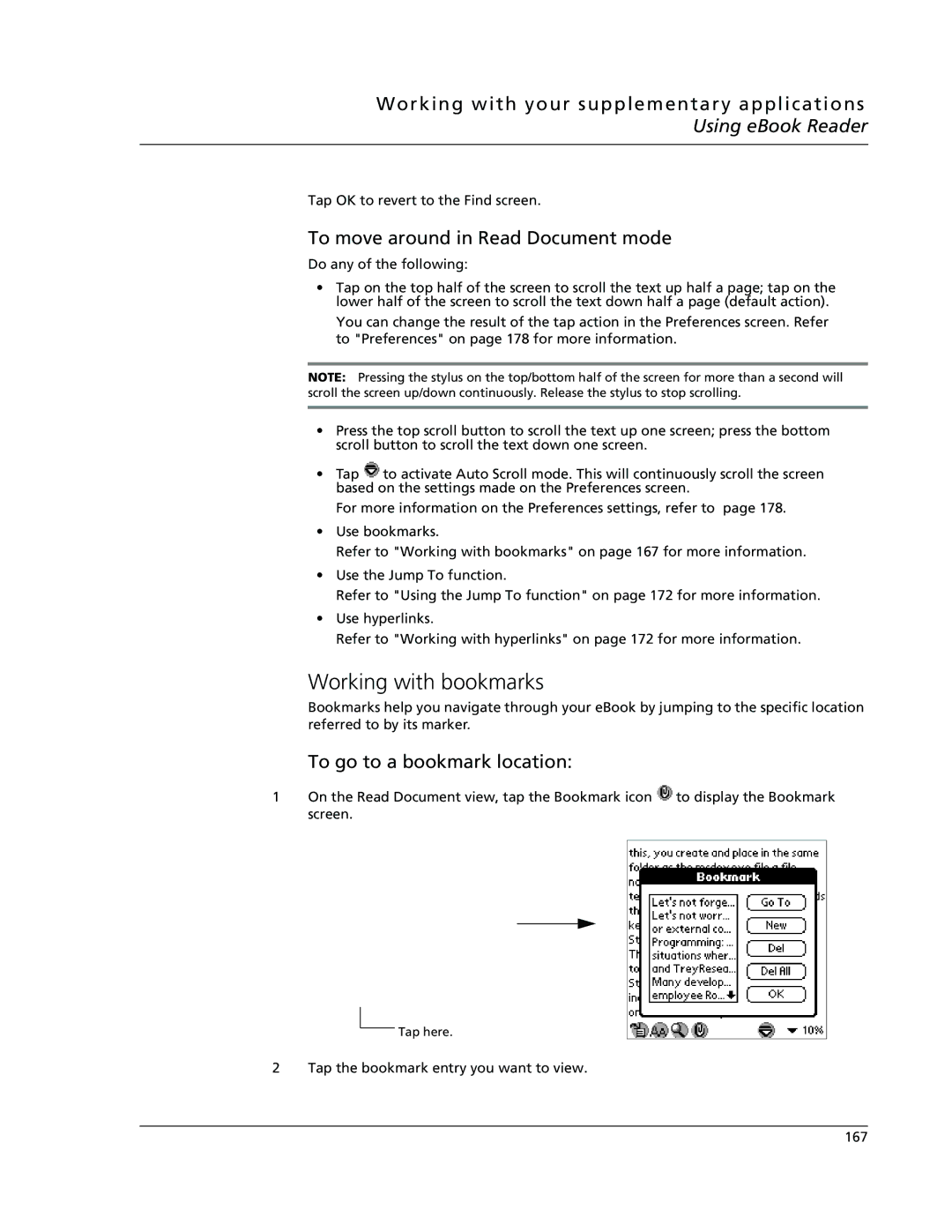 Acer s10 manual Working with bookmarks, To move around in Read Document mode, To go to a bookmark location 