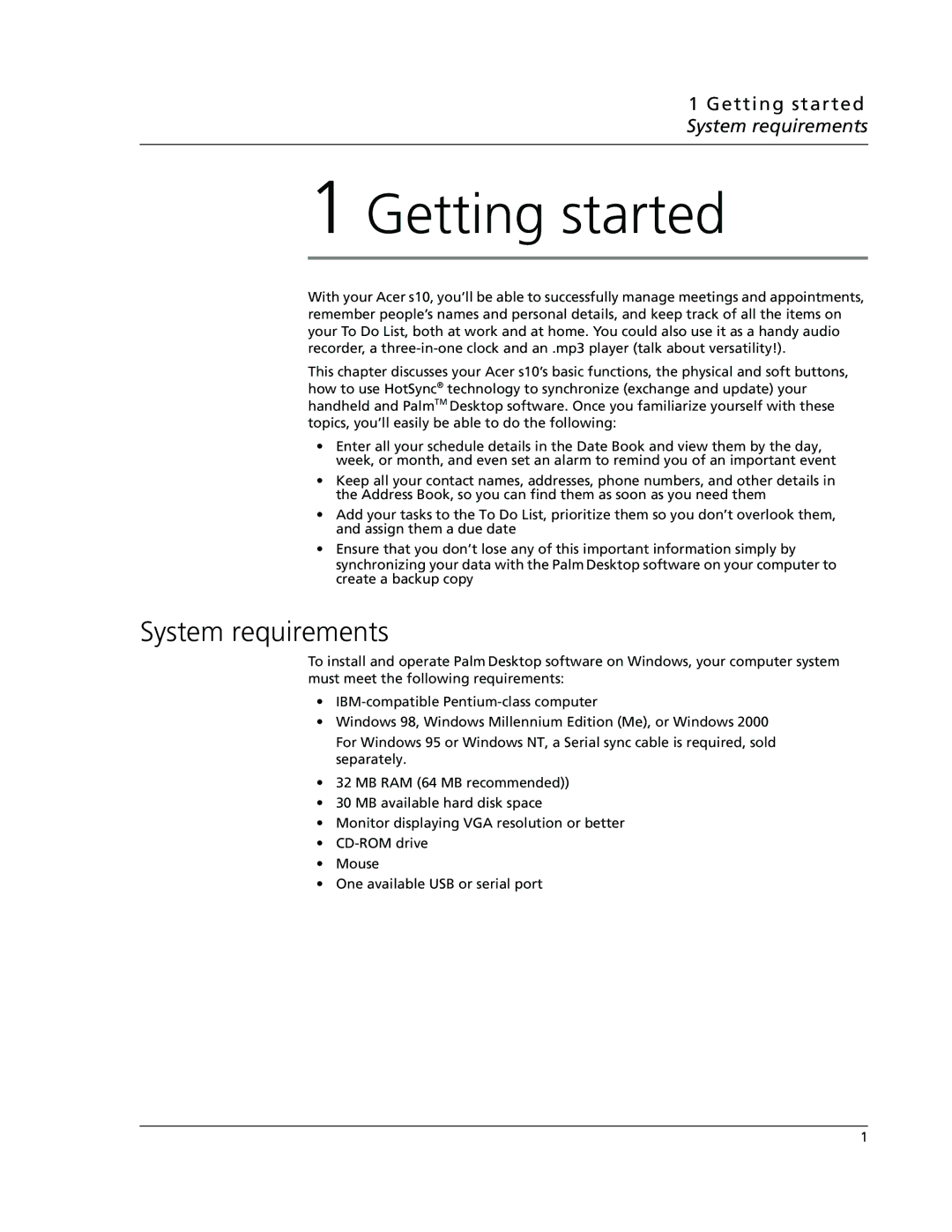 Acer s10 manual Getting started System requirements 