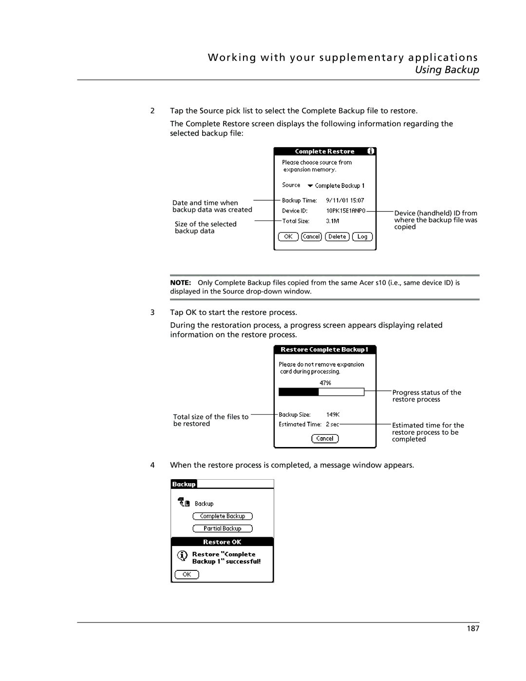 Acer s10 manual Working with your supplementary applications Using Backup 