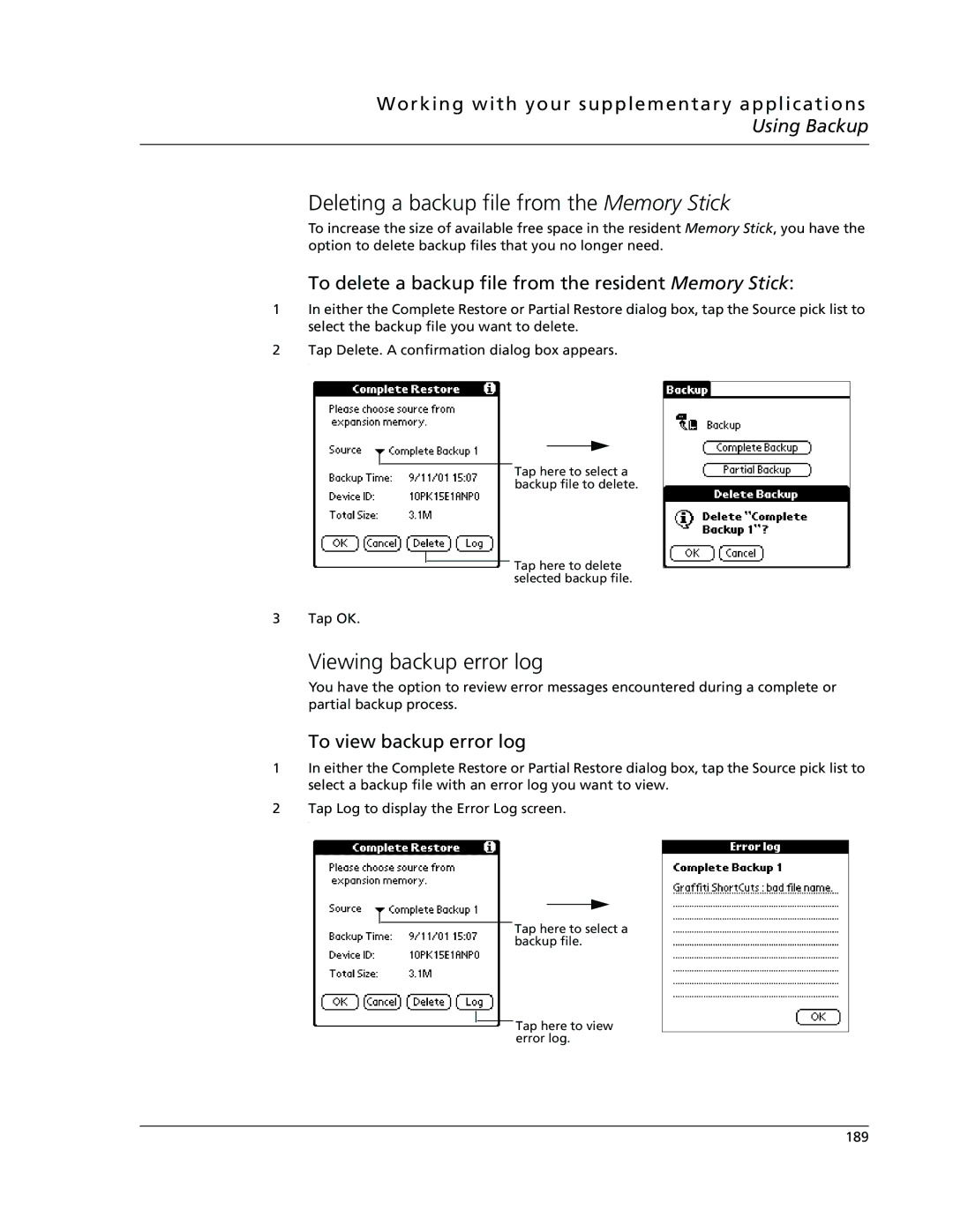 Acer s10 manual Deleting a backup file from the Memory Stick, Viewing backup error log, To view backup error log 