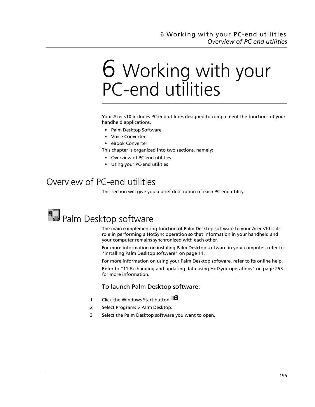 Acer s10 manual Overview of PC-end utilities, To launch Palm Desktop software 