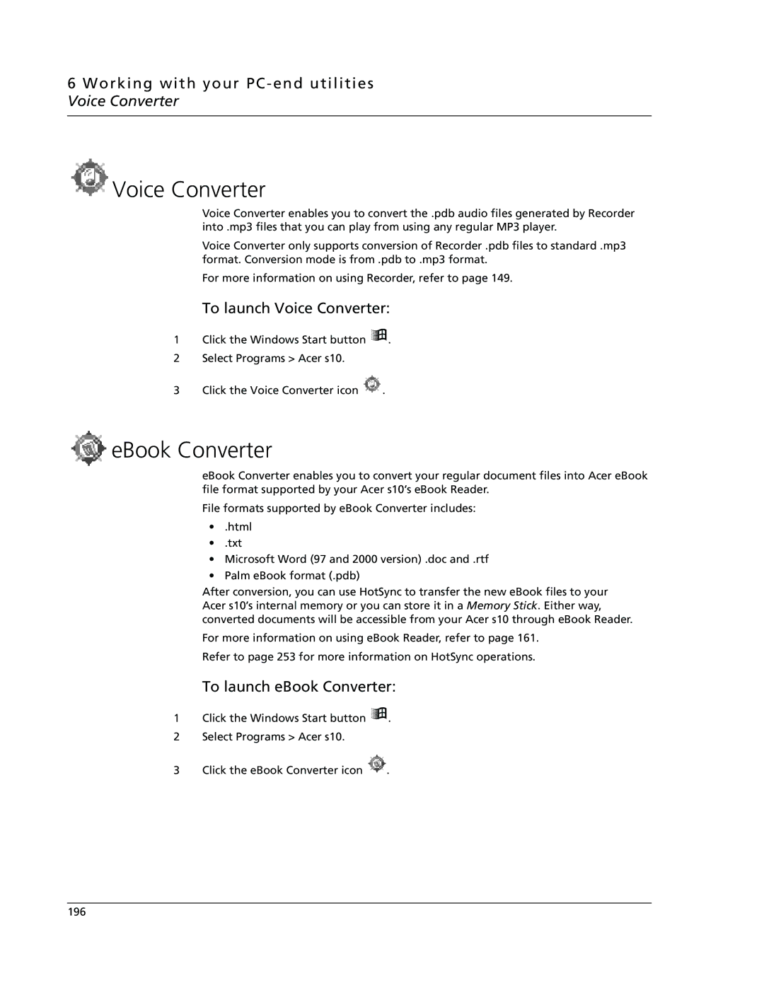 Acer s10 manual EBook Converter, Working with your PC-end utilities Voice Converter, To launch Voice Converter 