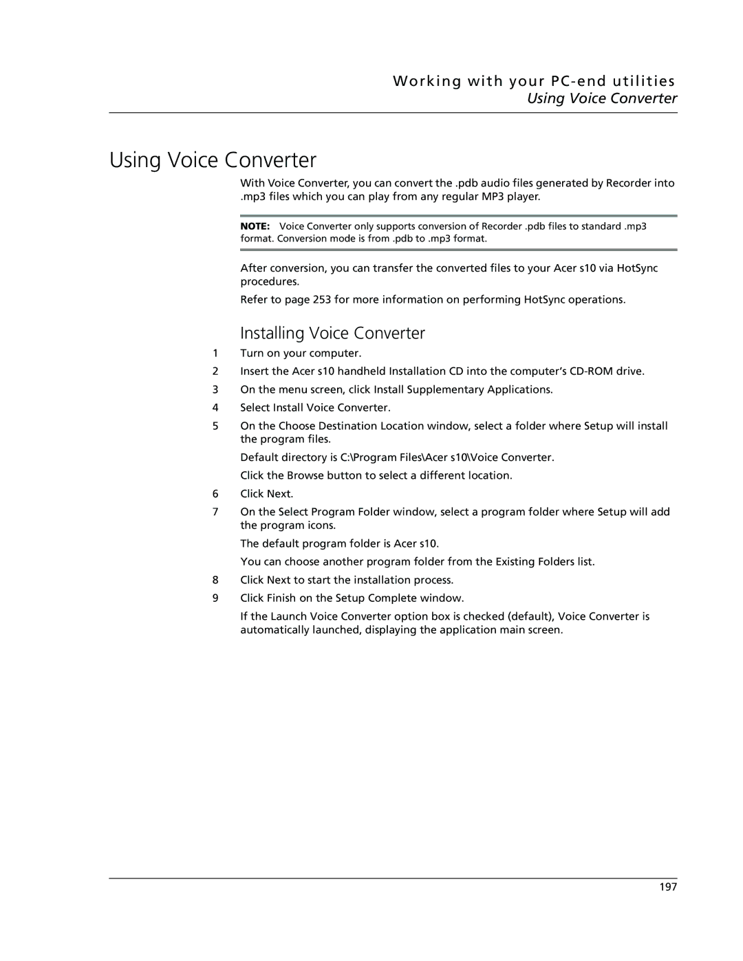 Acer s10 manual Using Voice Converter, Installing Voice Converter, Working with your PC-end utilities 