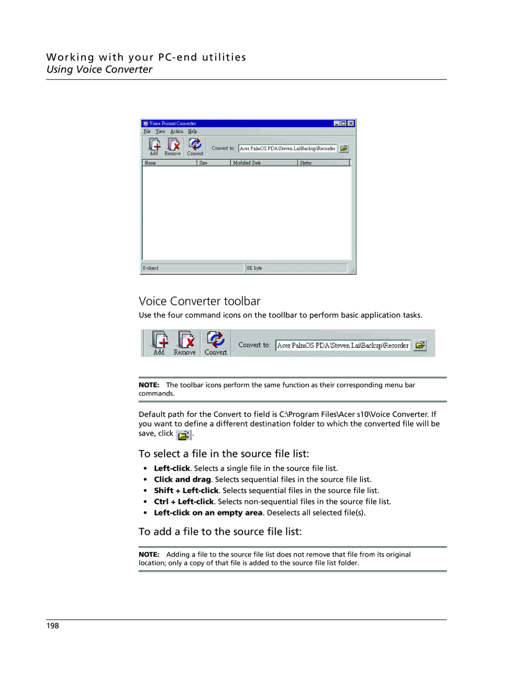 Acer s10 manual Voice Converter toolbar, To select a file in the source file list, To add a file to the source file list 