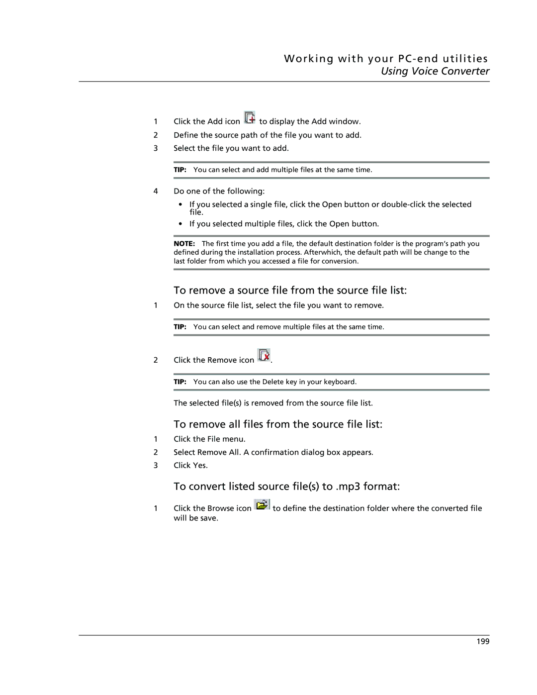 Acer s10 manual To remove a source file from the source file list, To remove all files from the source file list 