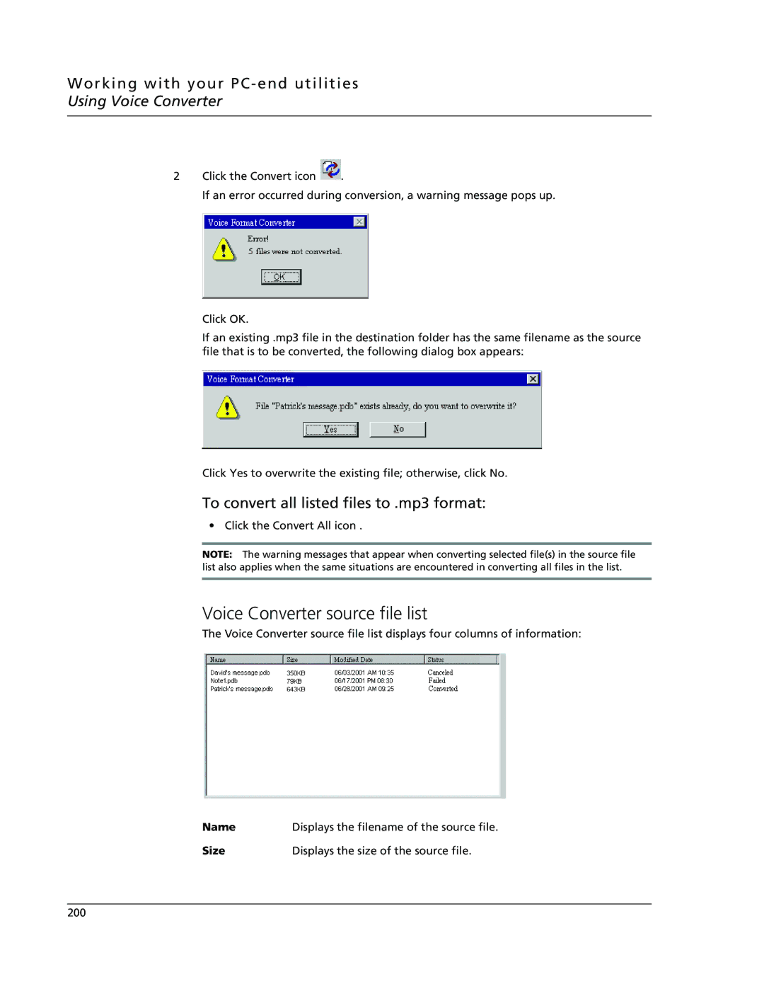 Acer s10 manual Voice Converter source file list, To convert all listed files to .mp3 format 