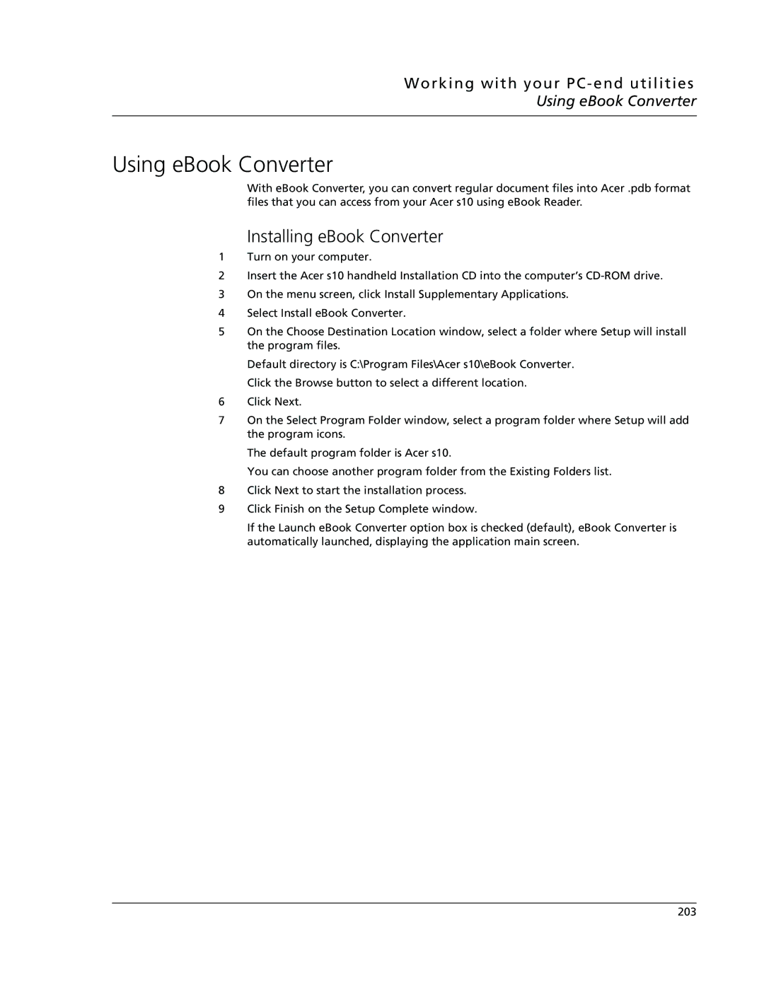 Acer s10 manual Using eBook Converter, Installing eBook Converter 