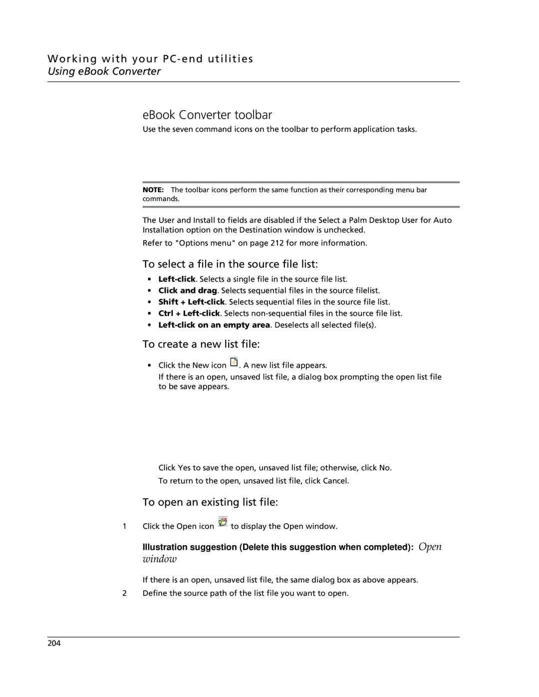 Acer s10 manual EBook Converter toolbar, To create a new list file, To open an existing list file 