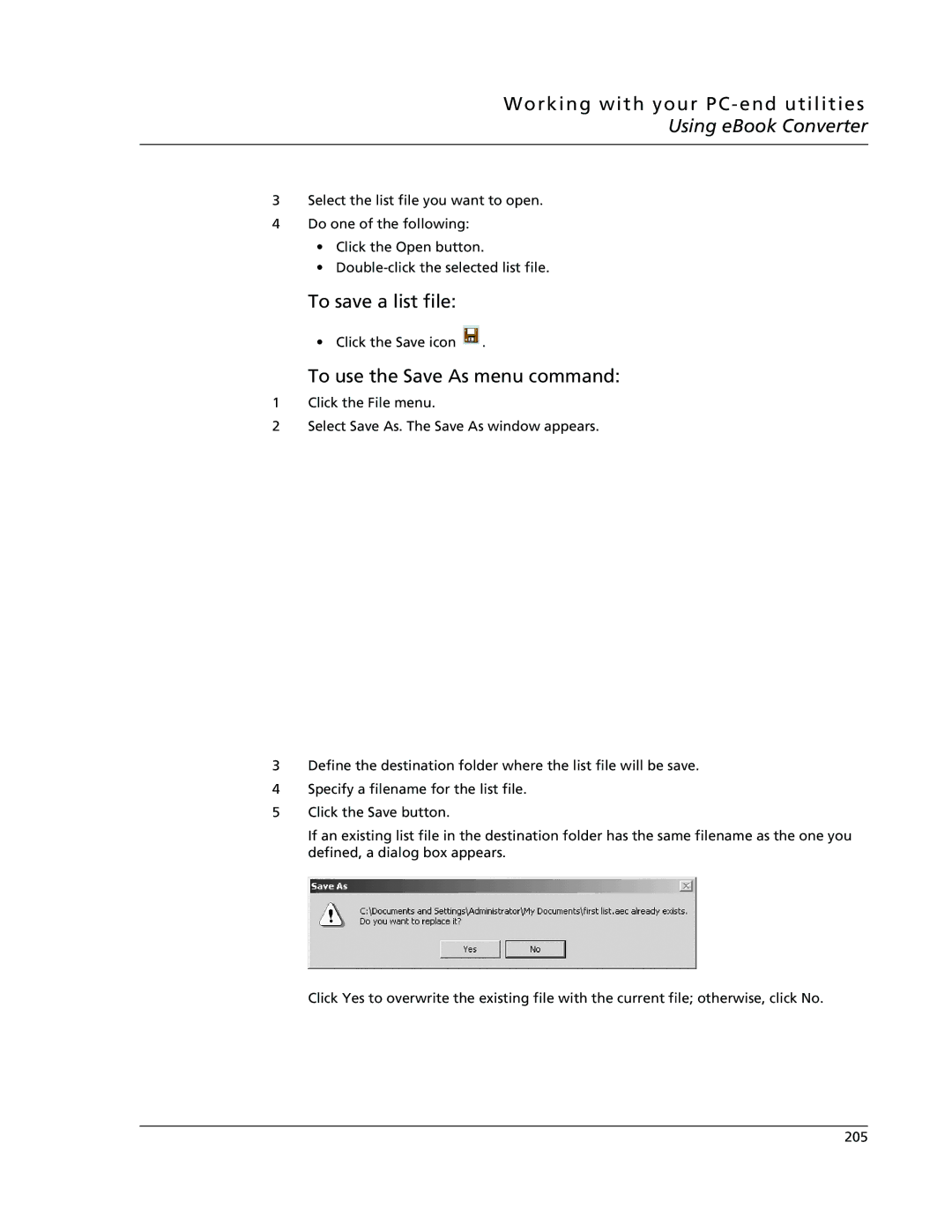 Acer s10 manual To save a list file, To use the Save As menu command 