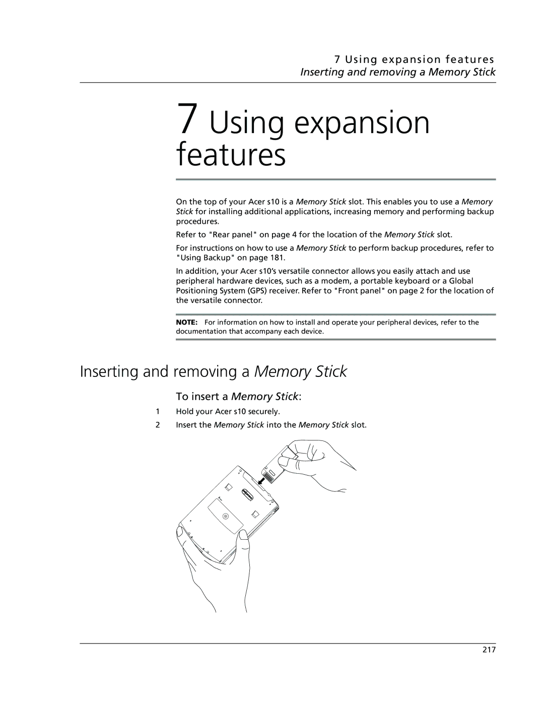 Acer s10 manual Inserting and removing a Memory Stick, To insert a Memory Stick 