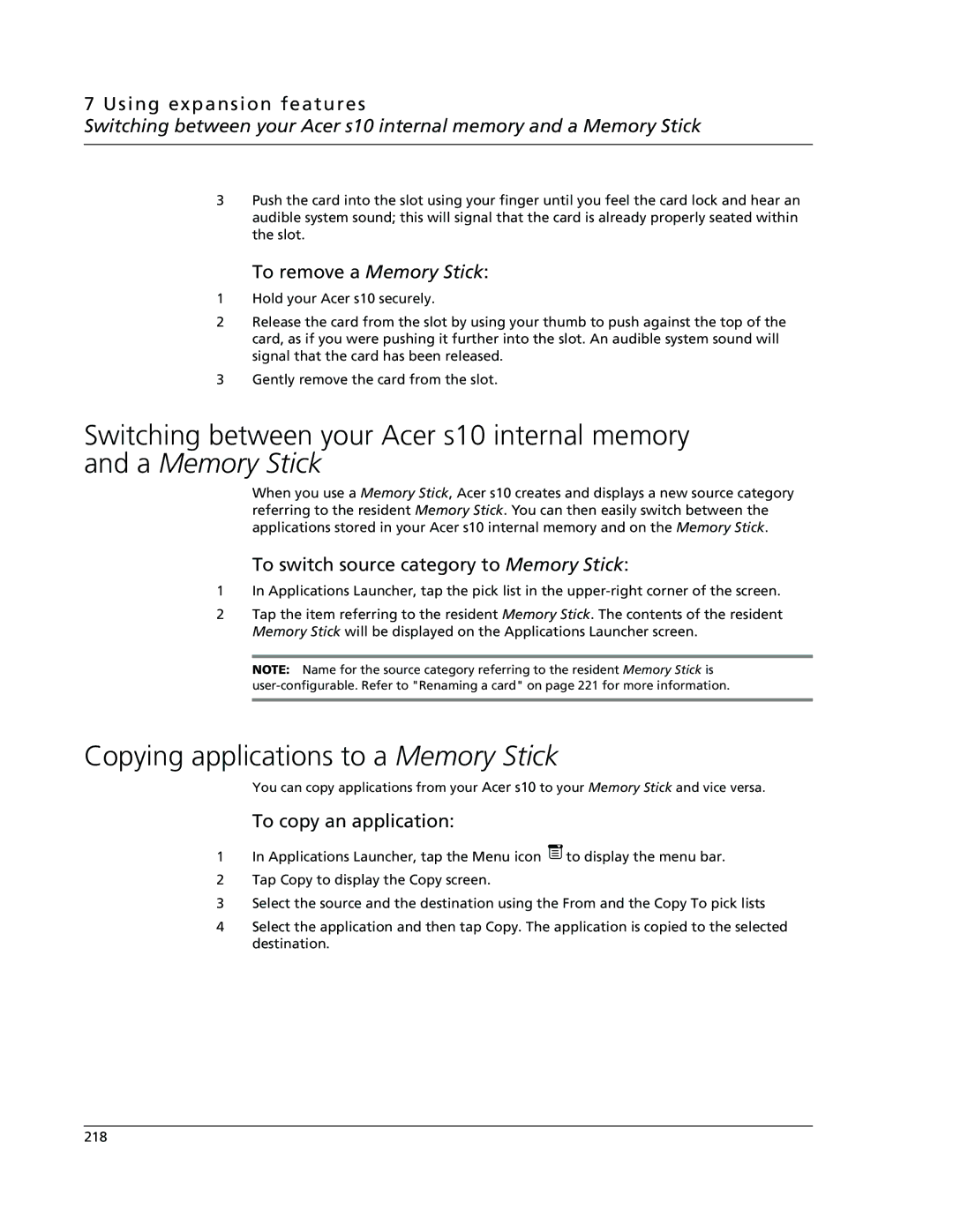 Acer s10 manual Copying applications to a Memory Stick, Using expansion features, To remove a Memory Stick 