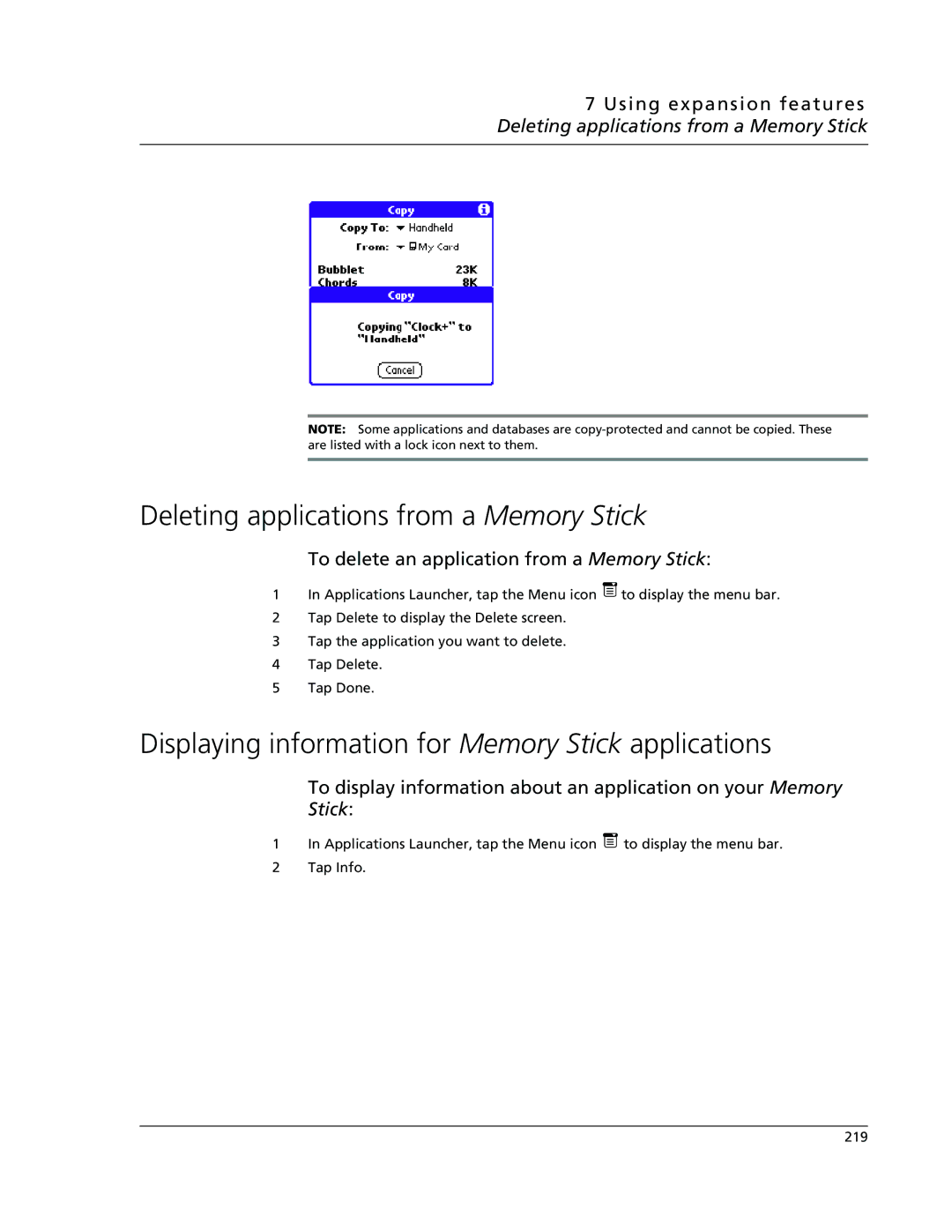 Acer s10 manual Deleting applications from a Memory Stick, Displaying information for Memory Stick applications 