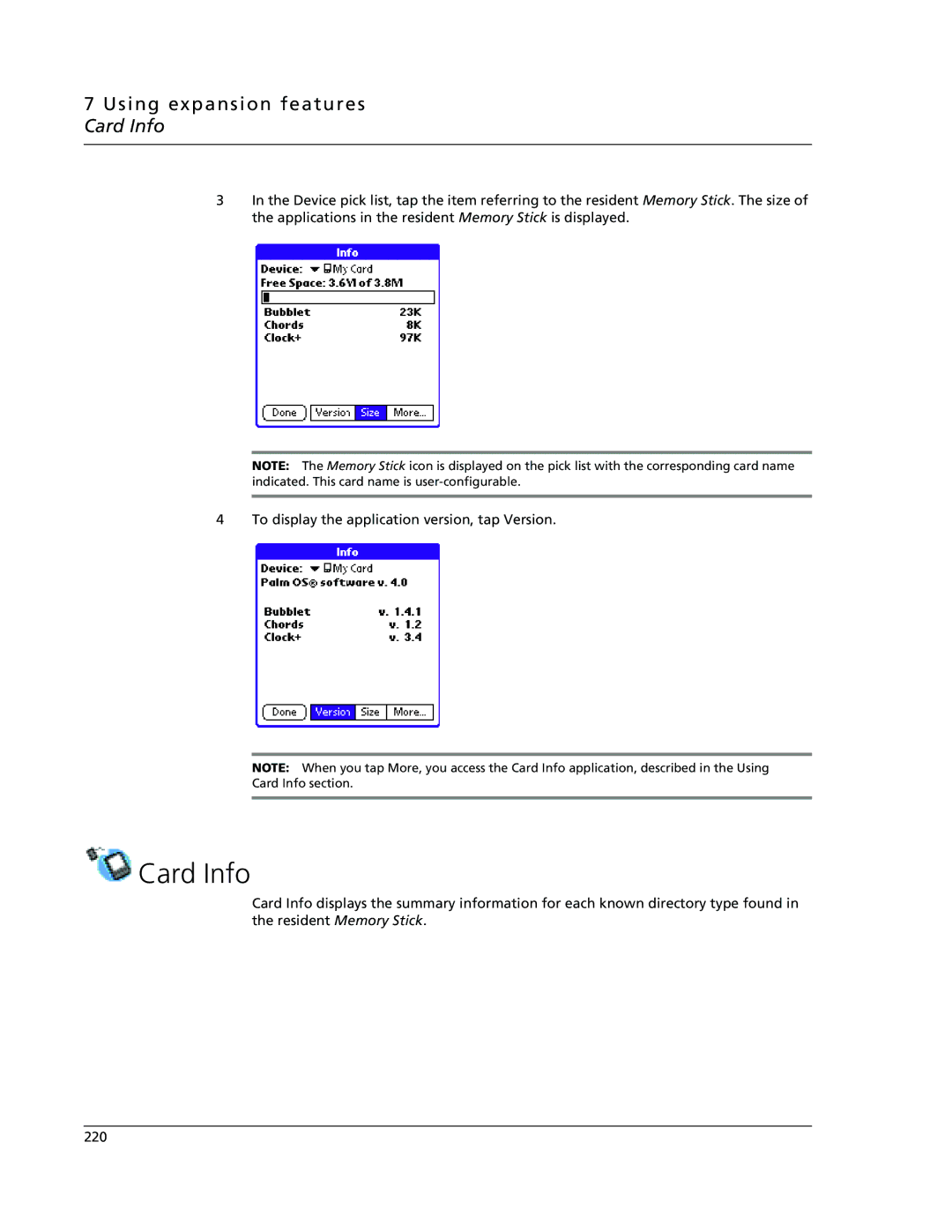 Acer s10 manual Using expansion features Card Info 