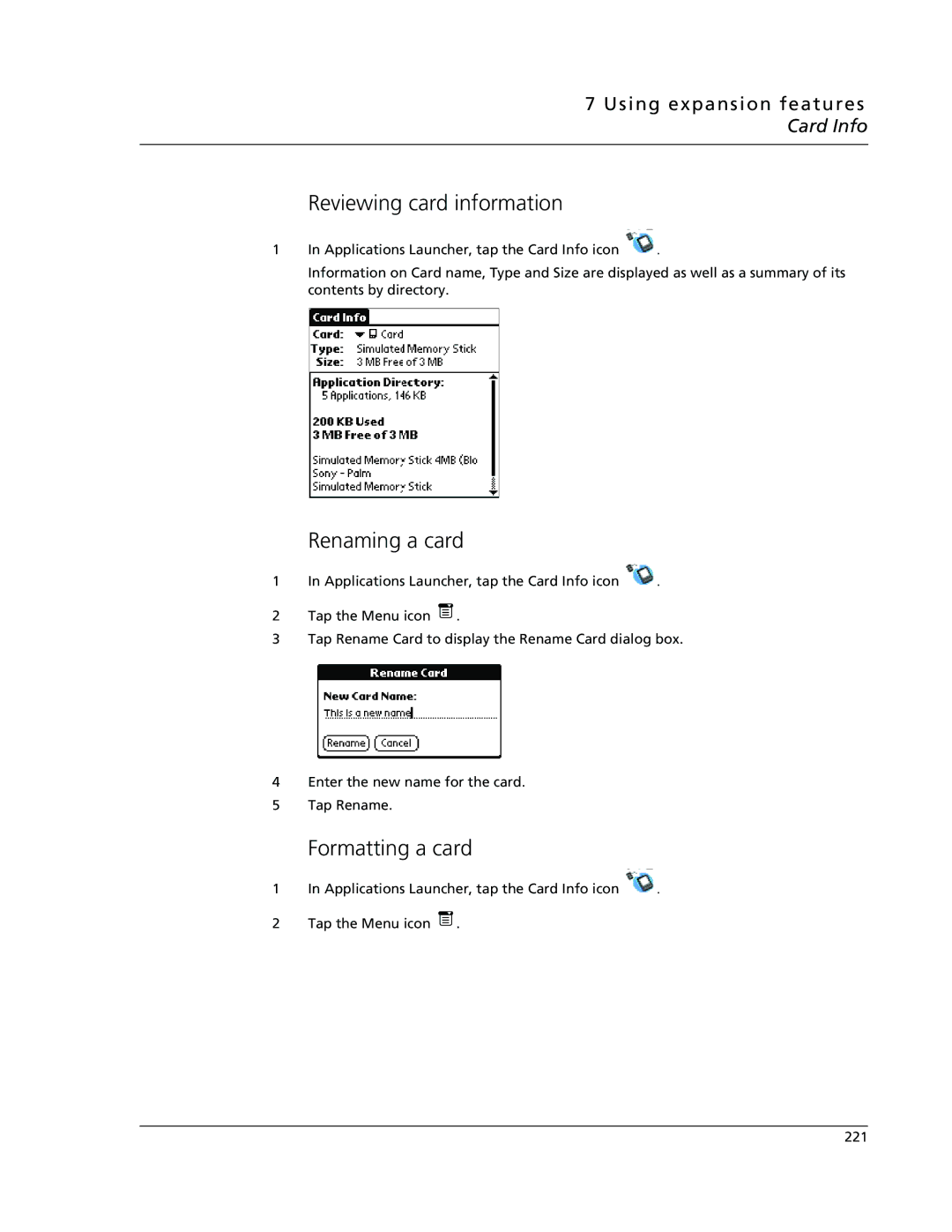 Acer s10 manual Reviewing card information, Renaming a card, Formatting a card 