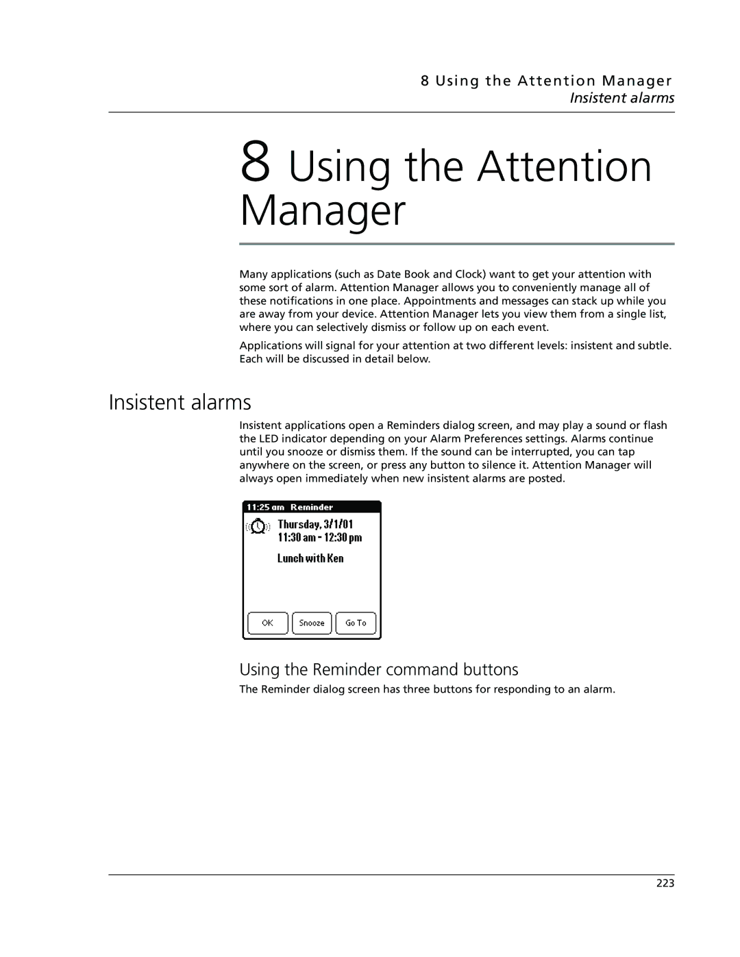 Acer s10 manual Insistent alarms, Using the Reminder command buttons, Using the Attention Manager 