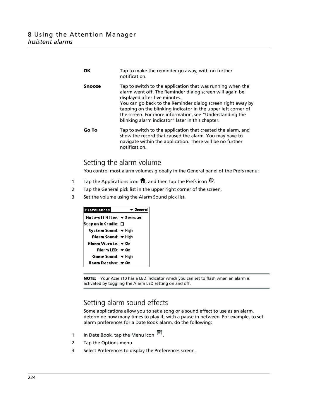 Acer s10 manual Setting the alarm volume, Setting alarm sound effects, Using the Attention Manager Insistent alarms, Snooze 