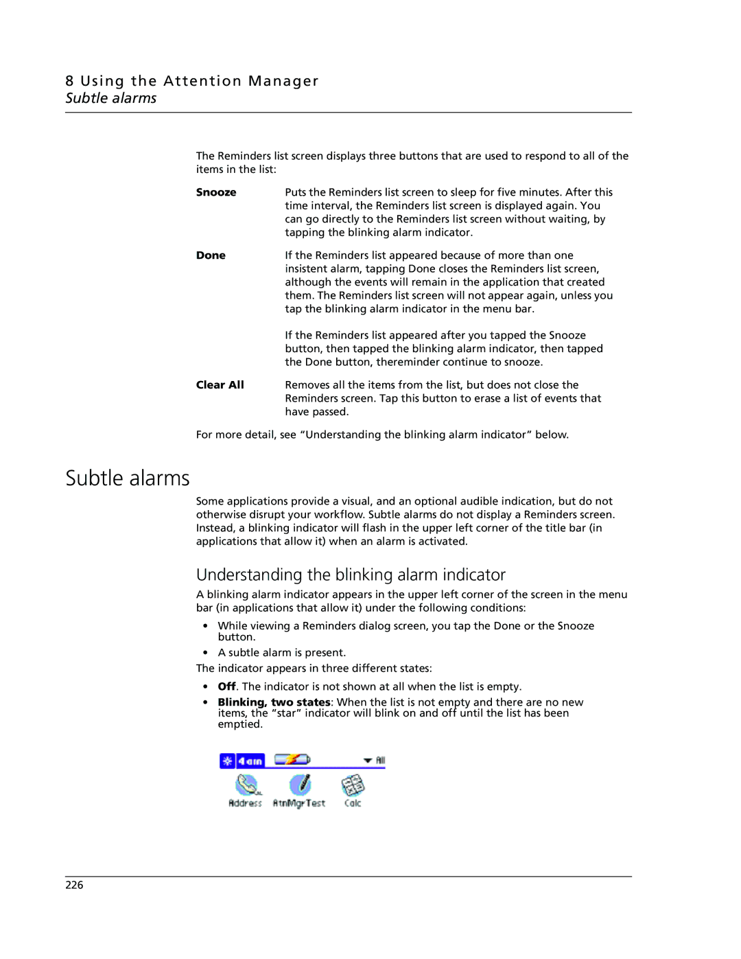 Acer s10 manual Understanding the blinking alarm indicator, Using the Attention Manager Subtle alarms, Done, Clear All 