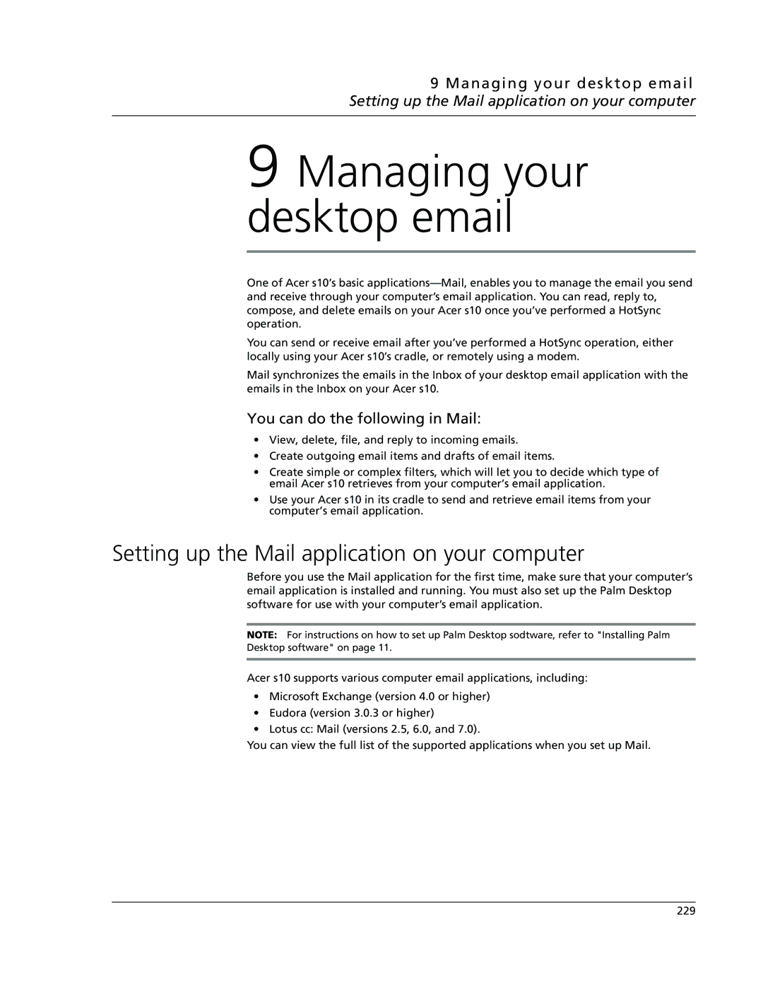 Acer s10 manual Managing your desktop email, Setting up the Mail application on your computer 