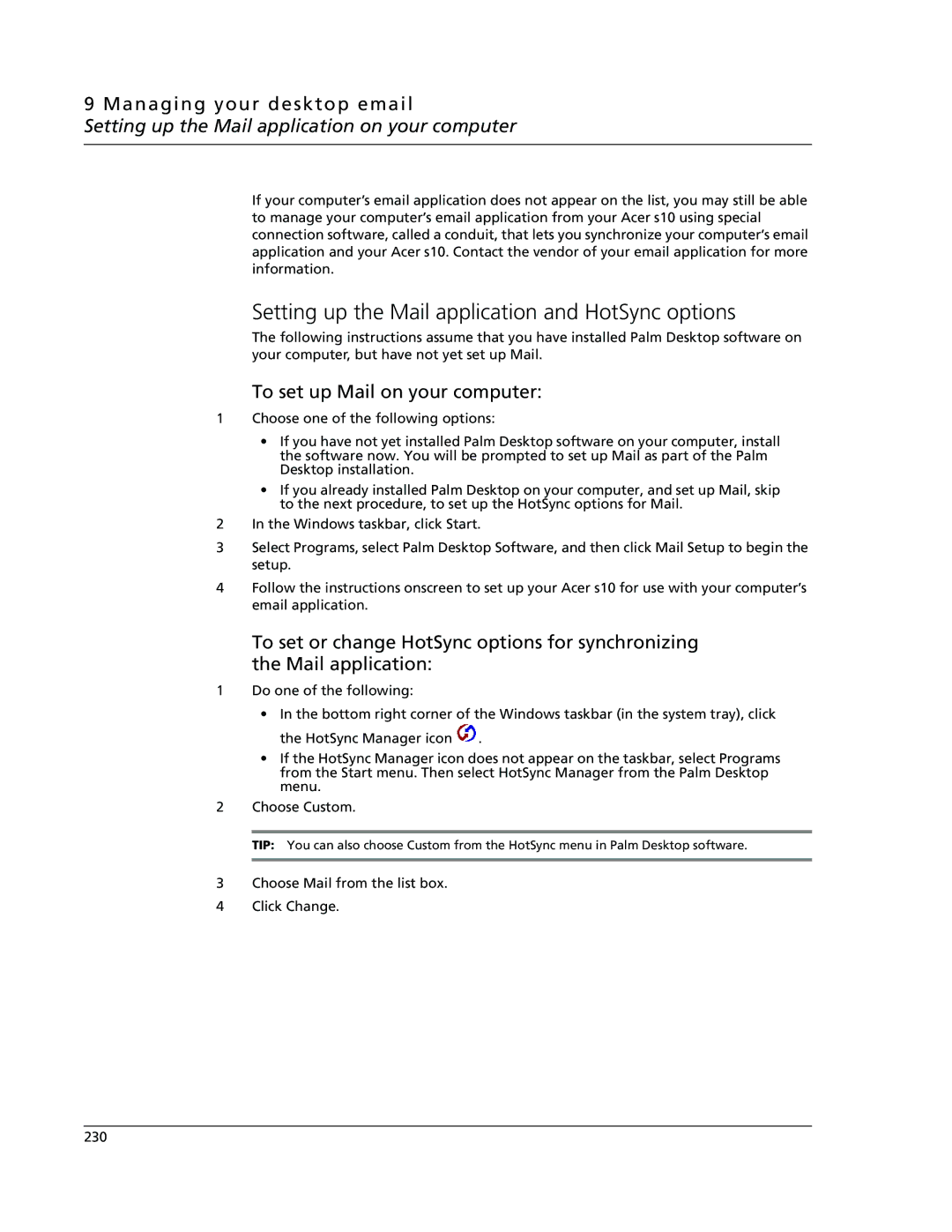 Acer s10 Setting up the Mail application and HotSync options, Managing your desktop email, To set up Mail on your computer 