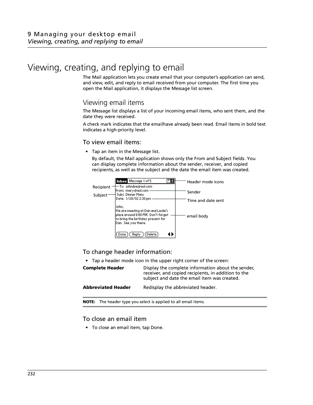 Acer s10 Viewing, creating, and replying to email, Viewing email items, To view email items, To change header information 