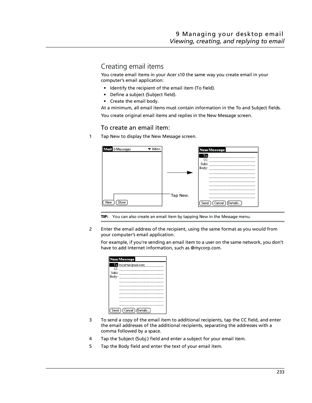 Acer s10 manual Creating email items, To create an email item 