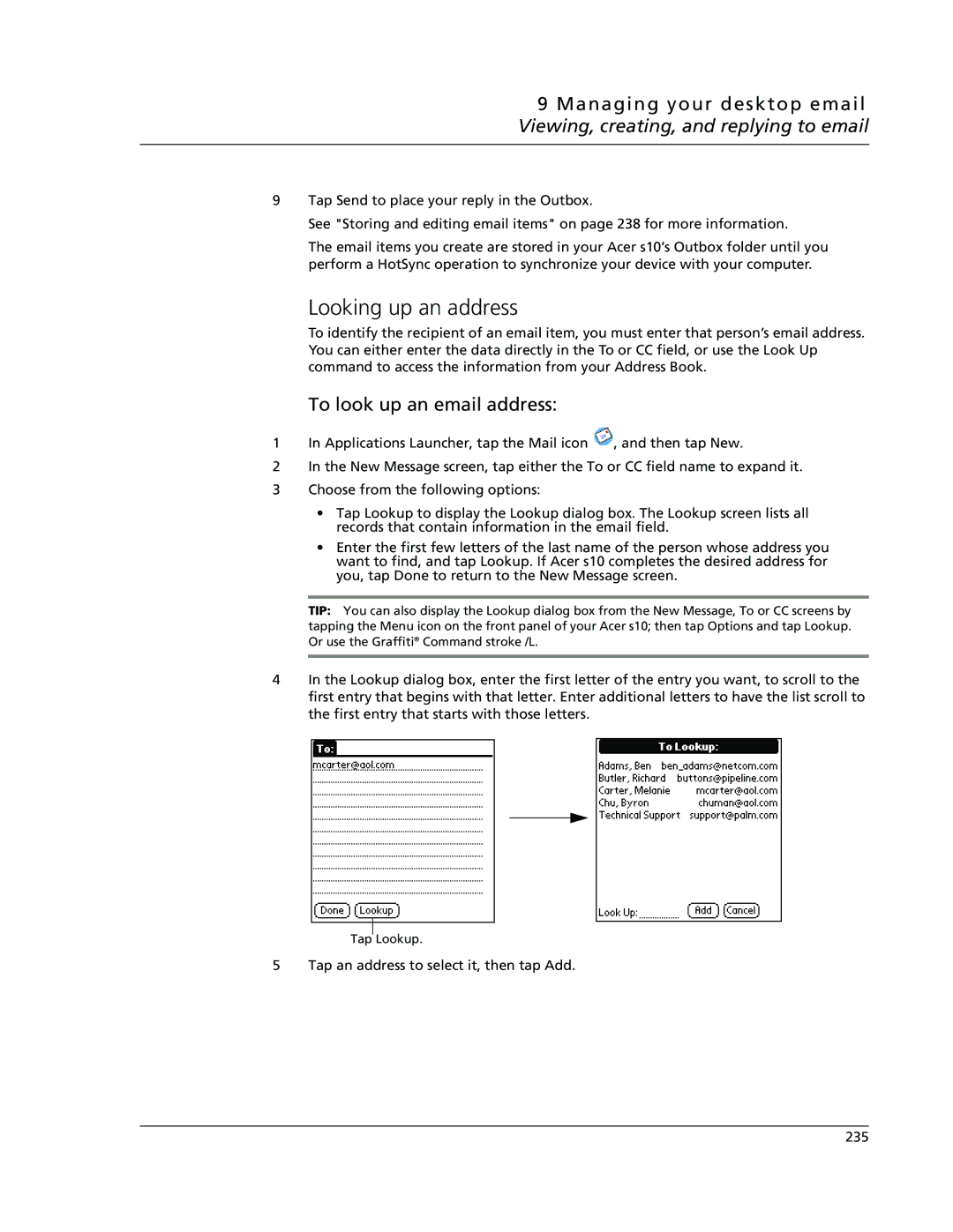 Acer s10 manual Looking up an address, To look up an email address 