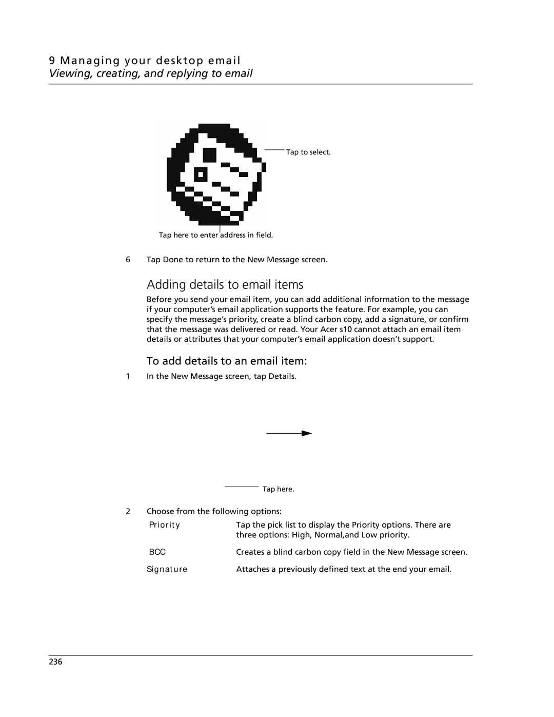 Acer s10 manual Adding details to email items, To add details to an email item, Signature 