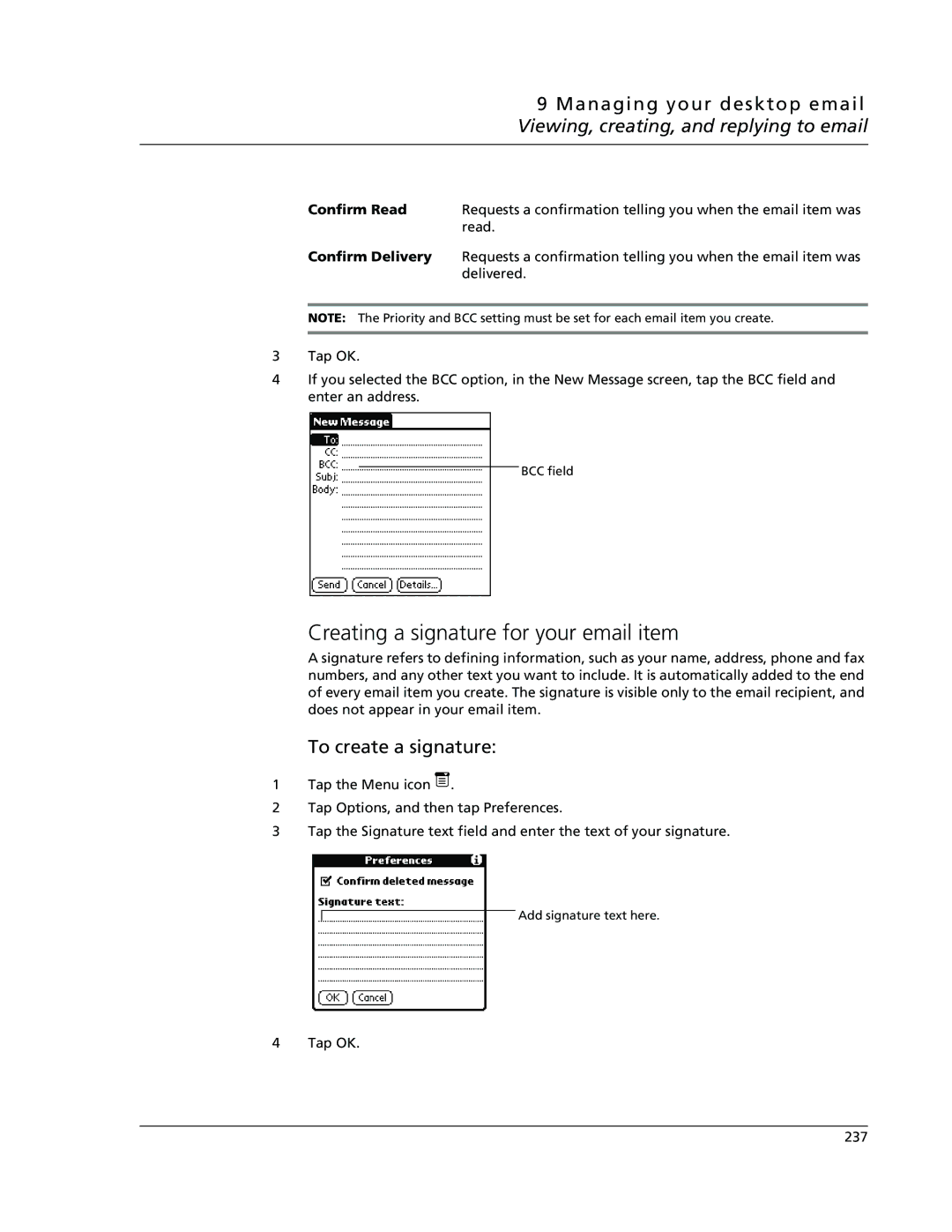 Acer s10 manual Creating a signature for your email item, To create a signature, Confirm Read, Confirm Delivery 