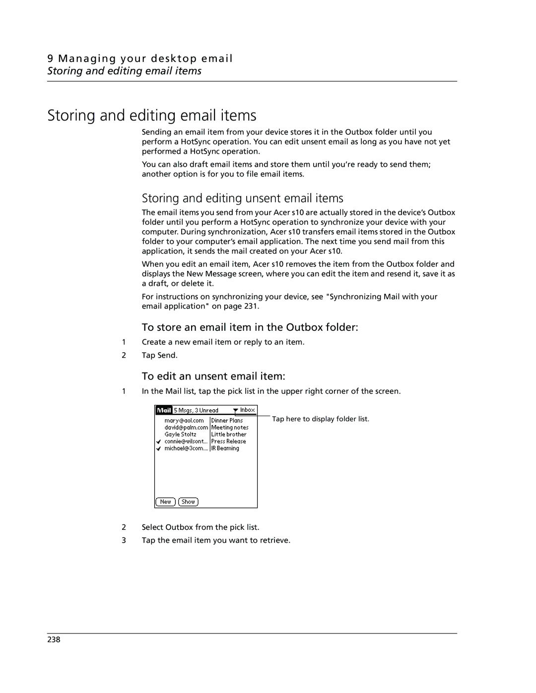 Acer s10 manual Storing and editing email items, Storing and editing unsent email items, To edit an unsent email item 