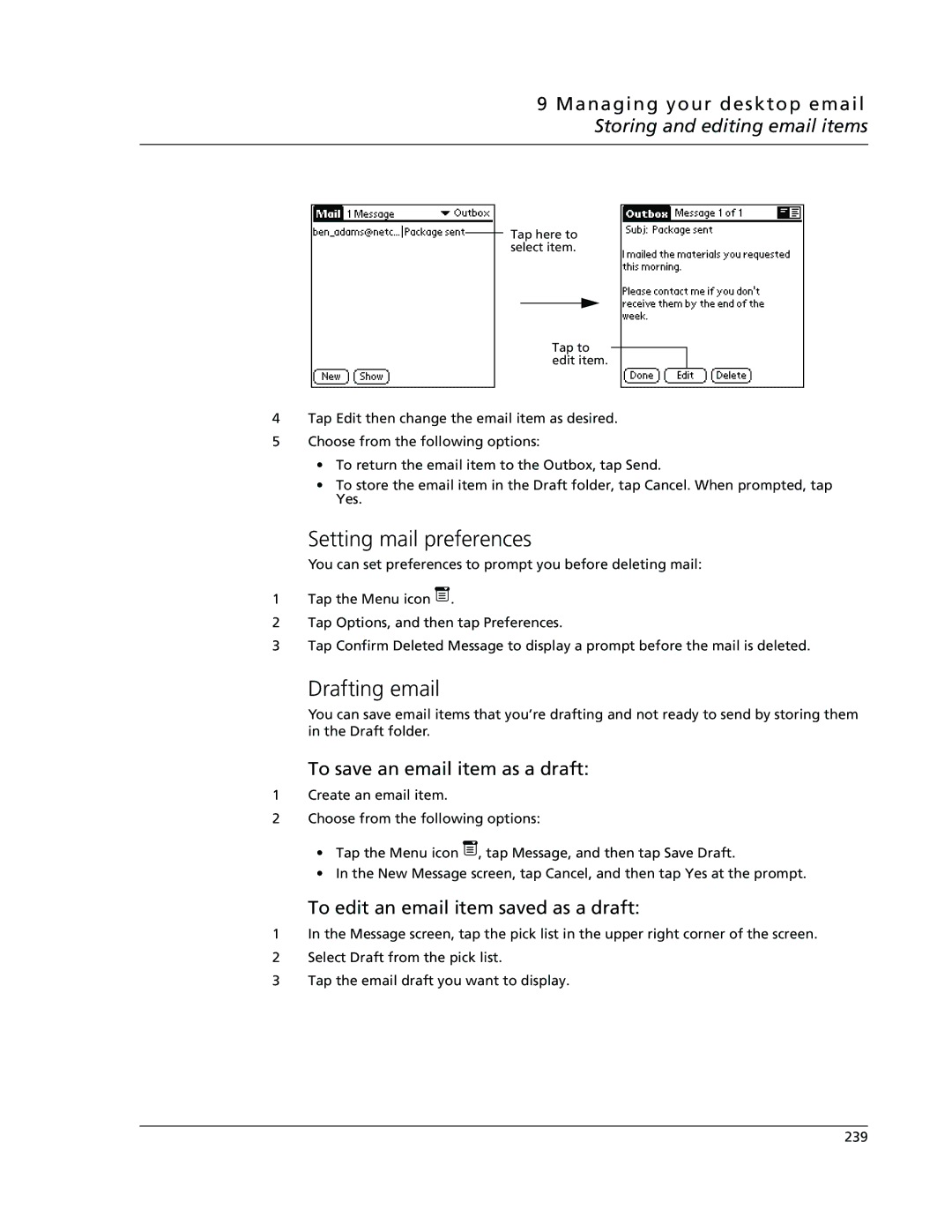 Acer s10 manual Setting mail preferences, Drafting email, To save an email item as a draft 