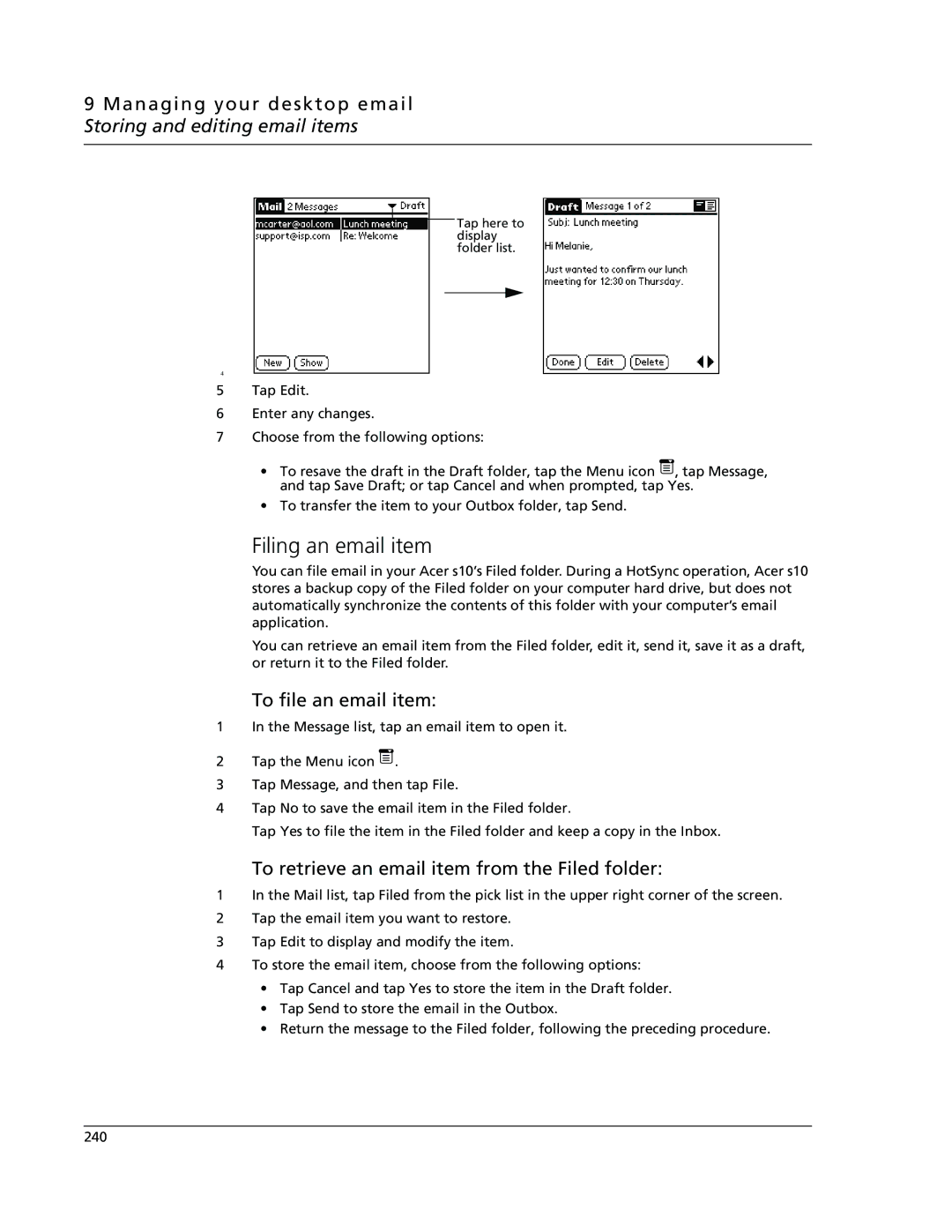 Acer s10 manual Filing an email item, To file an email item, To retrieve an email item from the Filed folder 