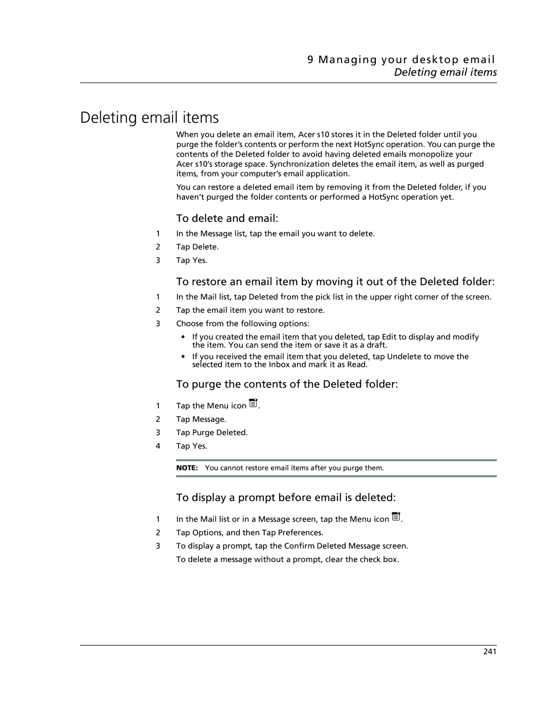 Acer s10 manual Managing your desktop email Deleting email items, To delete and email 