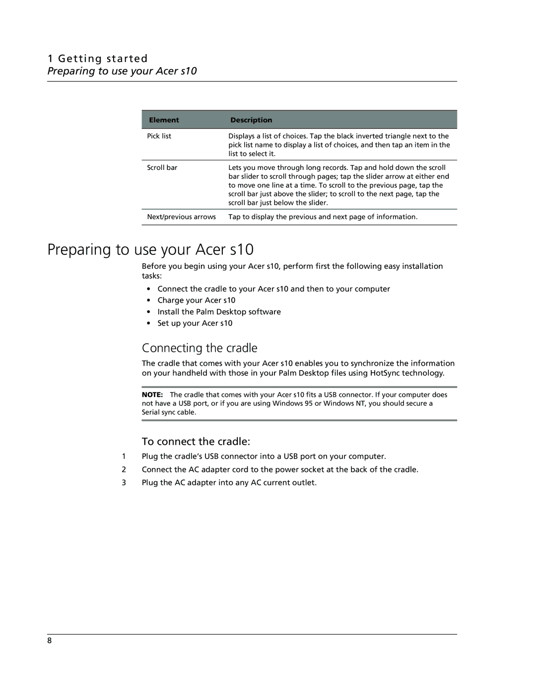 Acer manual Connecting the cradle, Getting started Preparing to use your Acer s10, To connect the cradle 