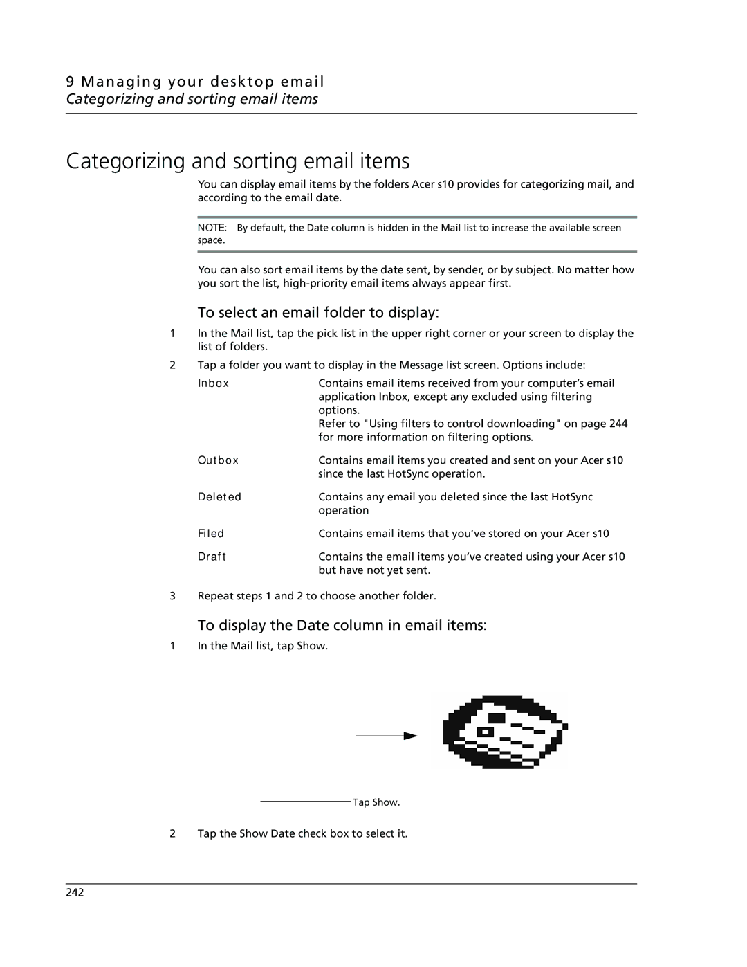 Acer s10 manual Categorizing and sorting email items, To select an email folder to display 