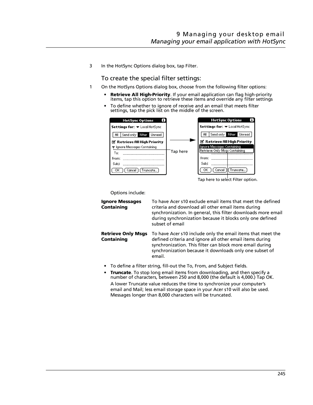 Acer s10 manual To create the special filter settings, Ignore Messages, Containing, Retrieve Only Msgs 