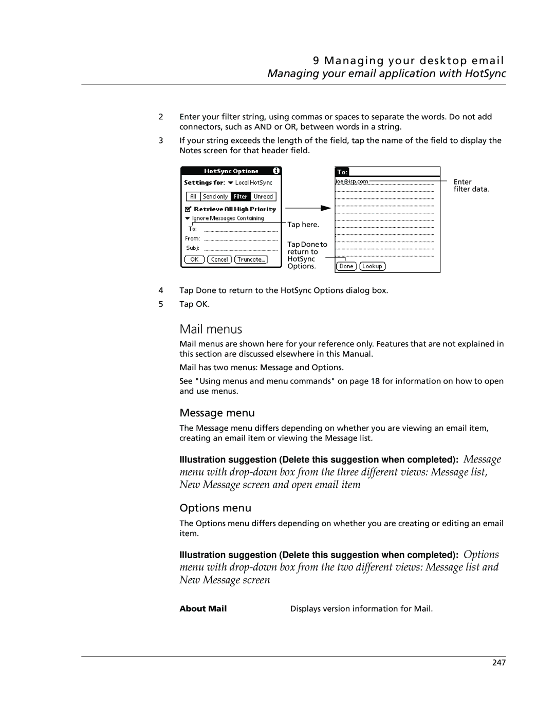 Acer s10 manual Mail menus, Message menu, About Mail Displays version information for Mail 