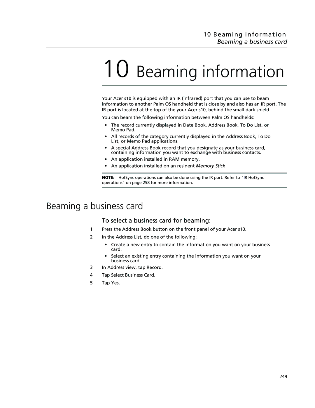 Acer s10 manual Beaming information Beaming a business card, To select a business card for beaming 