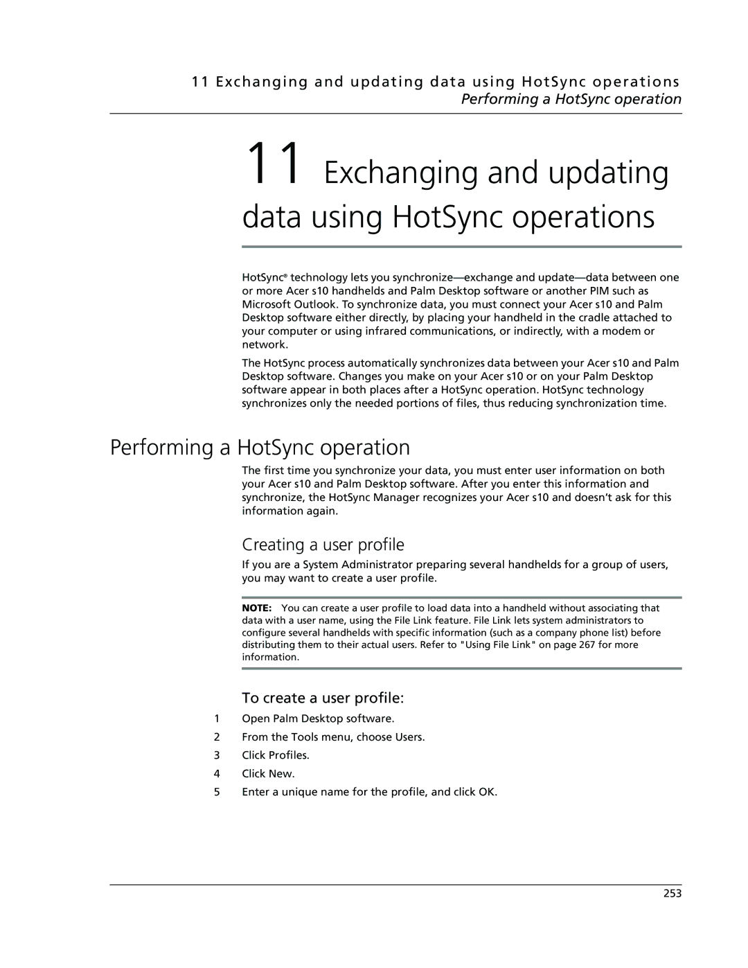 Acer s10 manual Performing a HotSync operation, Creating a user profile, To create a user profile 