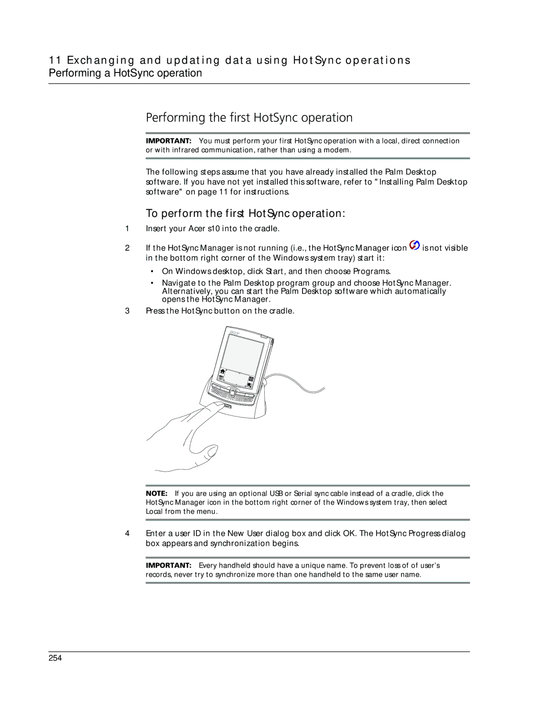 Acer s10 manual Performing the first HotSync operation 