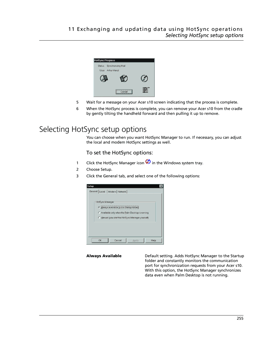 Acer s10 manual Selecting HotSync setup options, To set the HotSync options, Always Available 