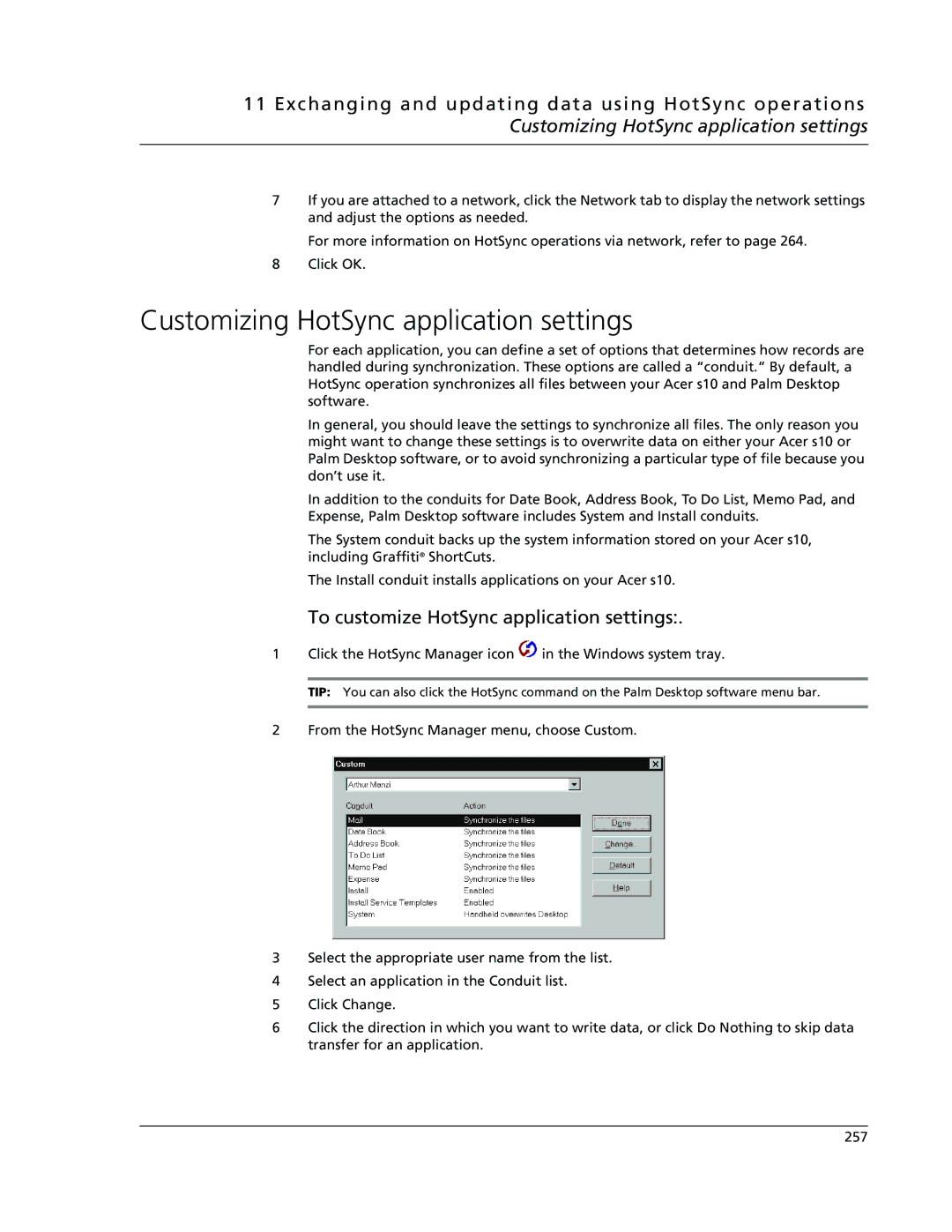 Acer s10 manual Customizing HotSync application settings, To customize HotSync application settings 