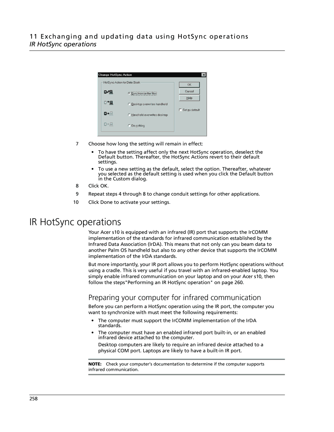 Acer s10 manual IR HotSync operations, Preparing your computer for infrared communication 