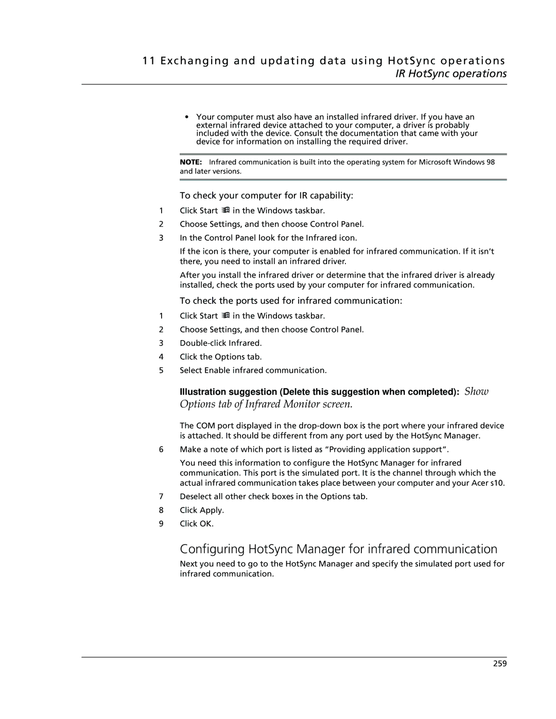 Acer s10 manual Configuring HotSync Manager for infrared communication, To check your computer for IR capability 