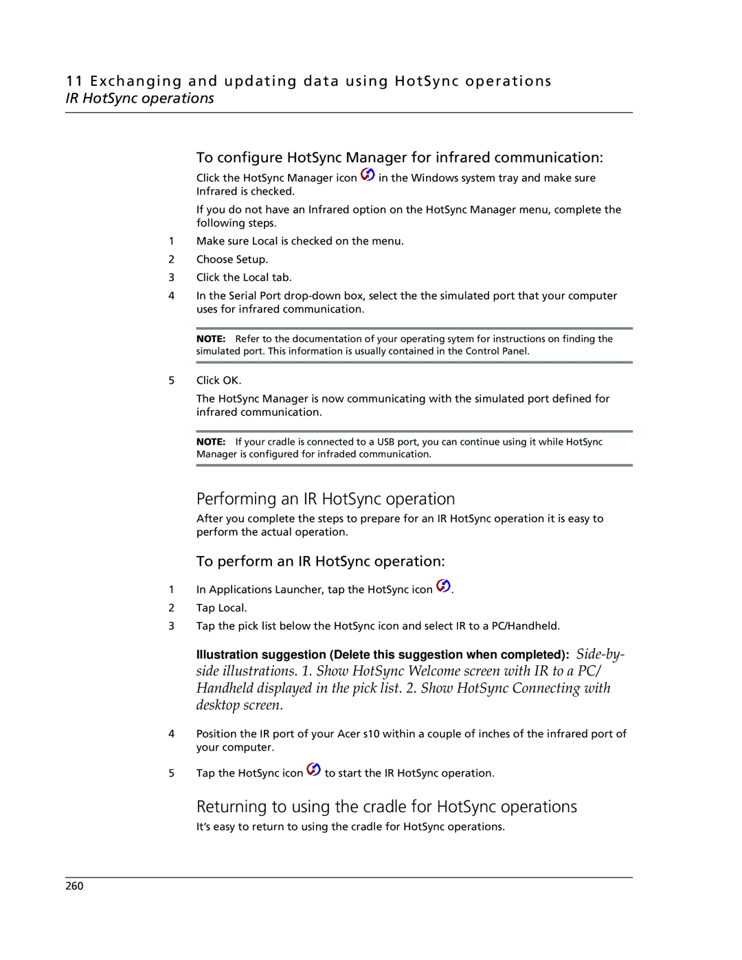 Acer s10 manual Performing an IR HotSync operation, Returning to using the cradle for HotSync operations 
