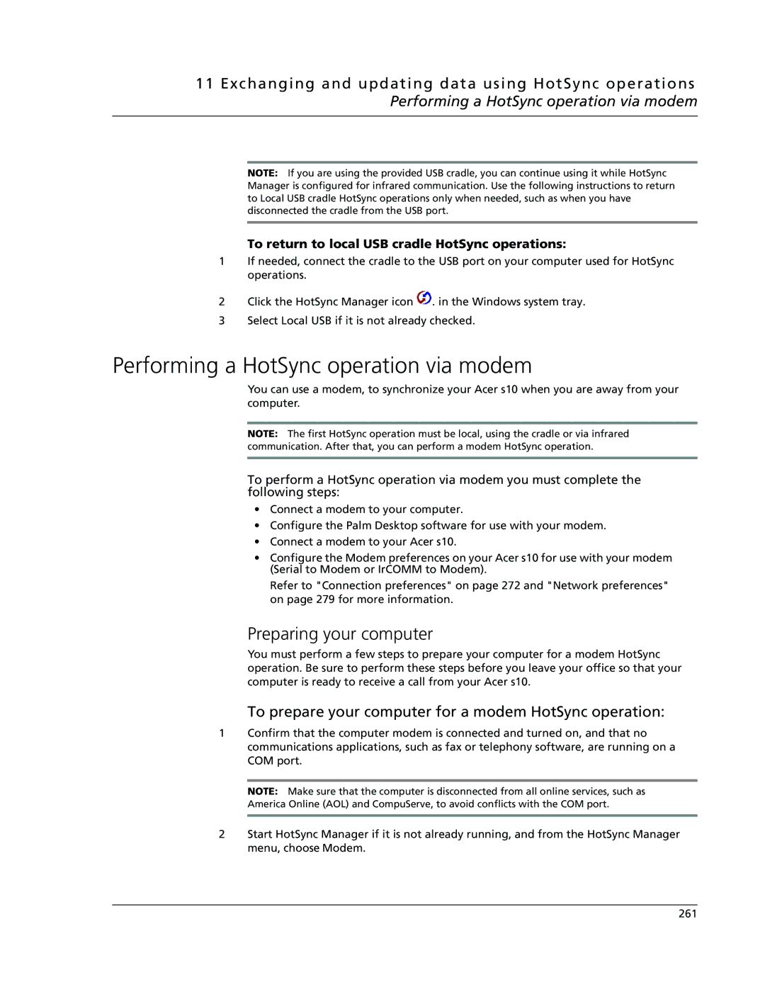 Acer s10 manual Performing a HotSync operation via modem, Preparing your computer 